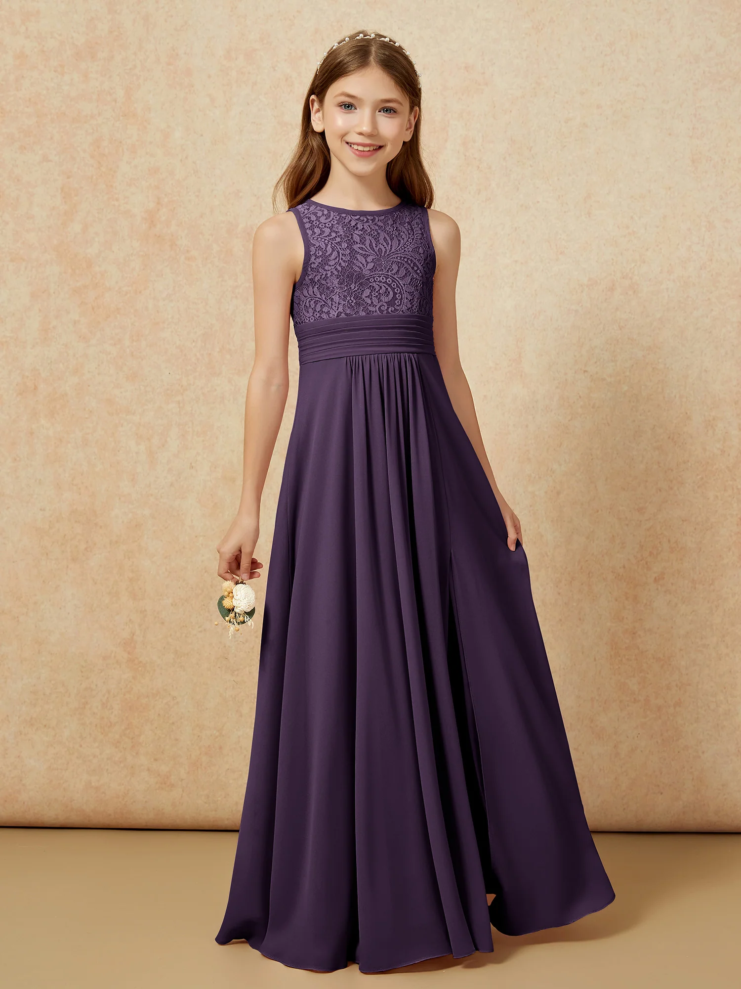 Lace Top A-line Long Junior Bridesmaid Dress Plum - Image 5