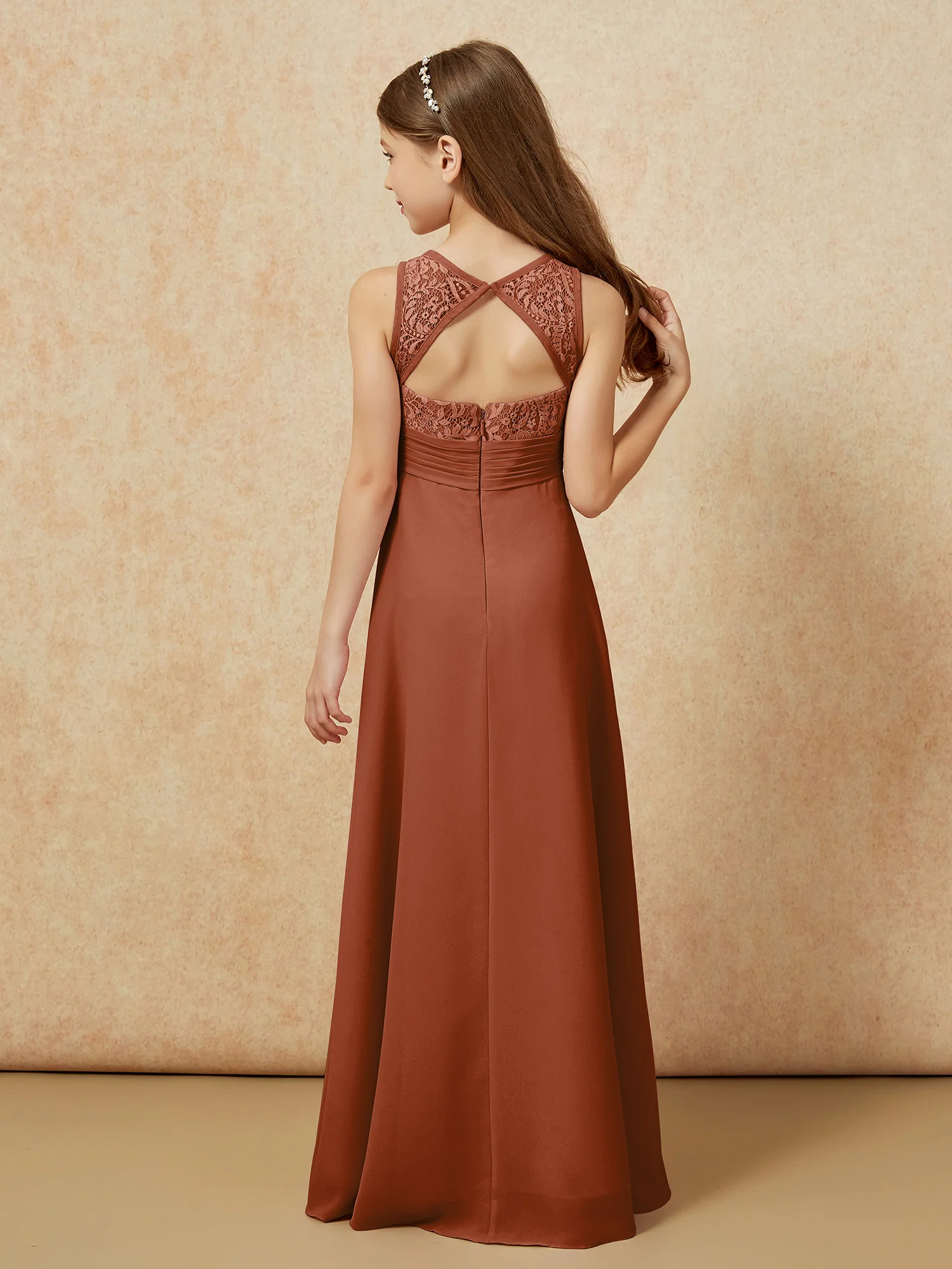 Lace Top A-line Long Junior Bridesmaid Dress Terracotta - Image 2