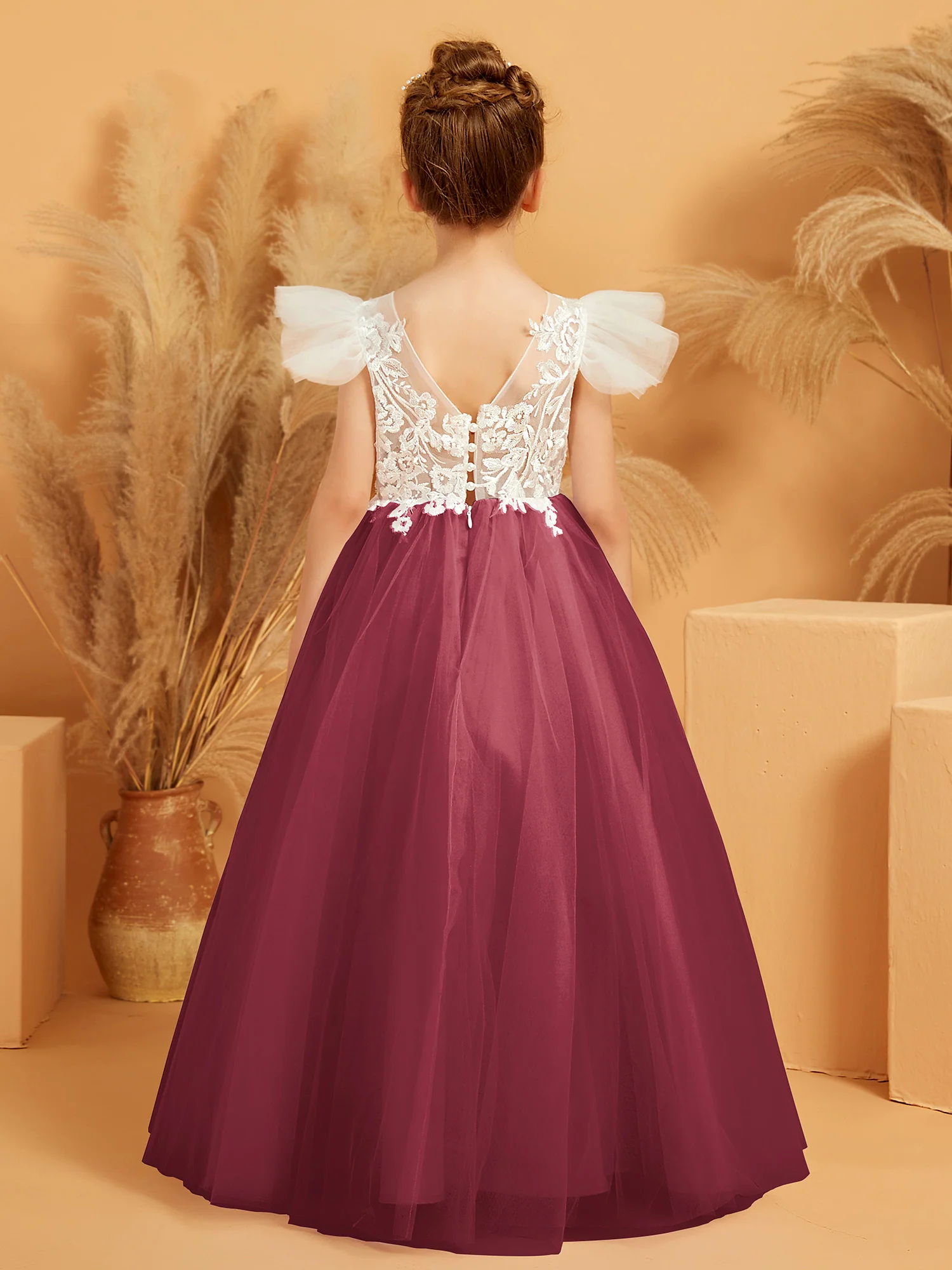 Lace Top Flower Girl Dress with Bow Sweep Train Cinnamon Rose - Image 2