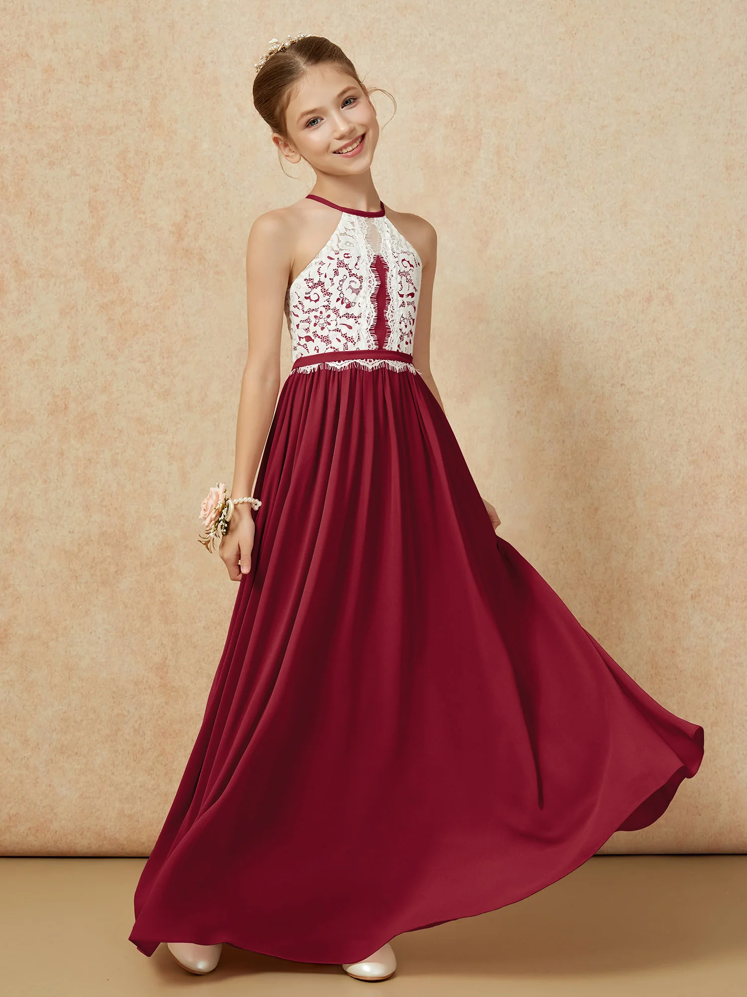 Lace Top Sleeveless Pleated Long Junior Bridesmaid Dress Burgundy - Image 3