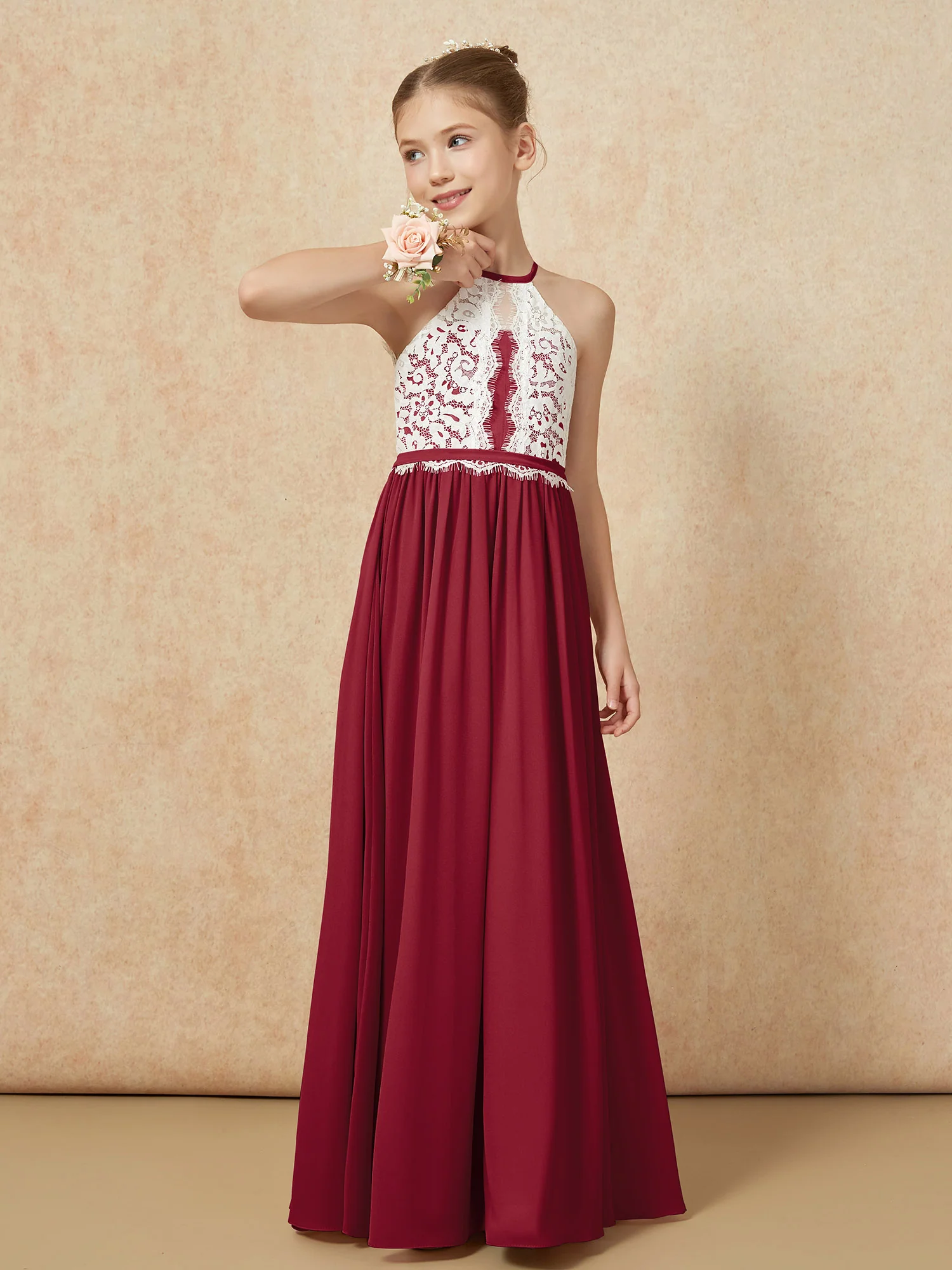 Lace Top Sleeveless Pleated Long Junior Bridesmaid Dress Burgundy - Image 4