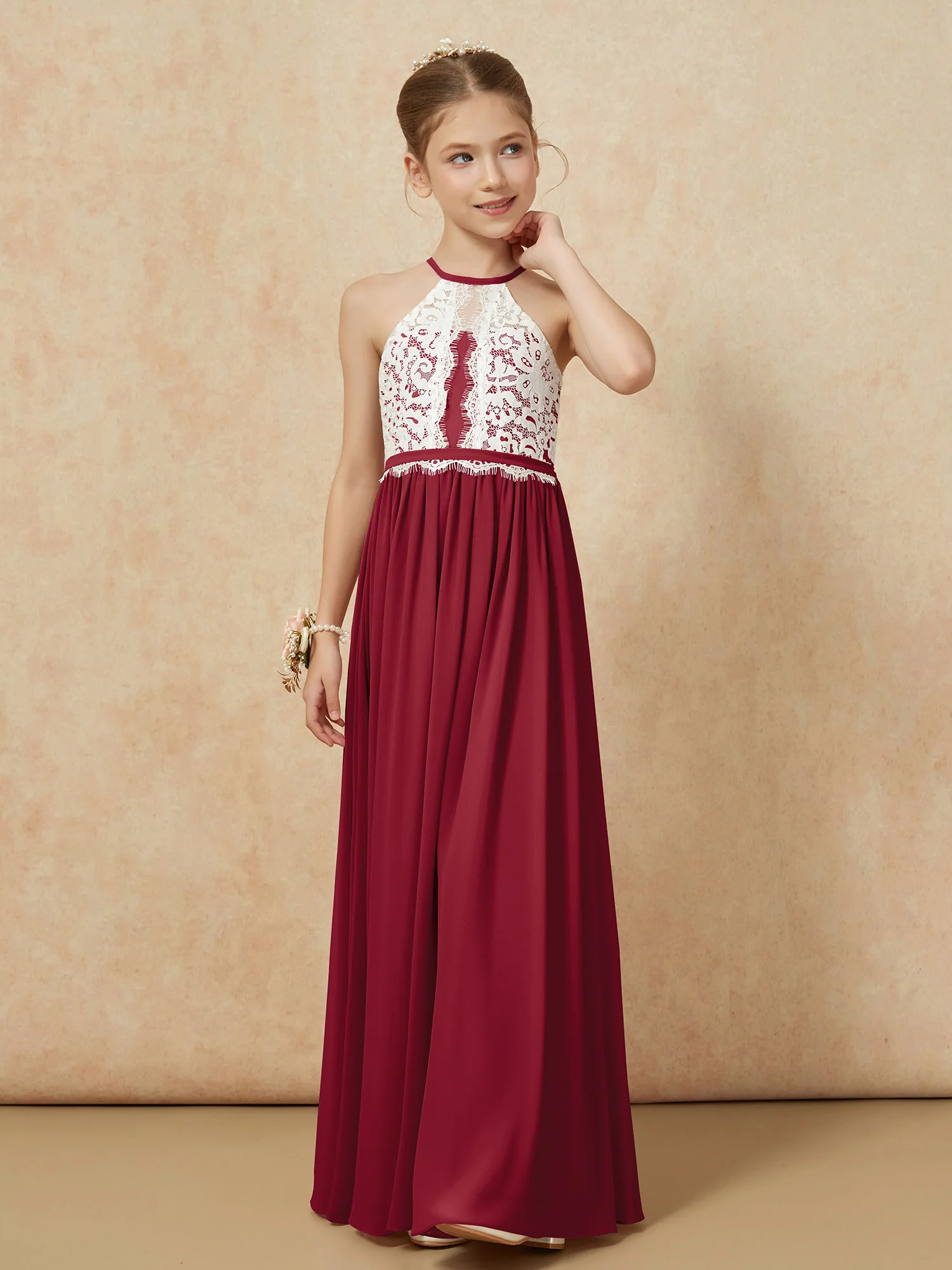 Lace Top Sleeveless Pleated Long Junior Bridesmaid Dress Burgundy - Image 6