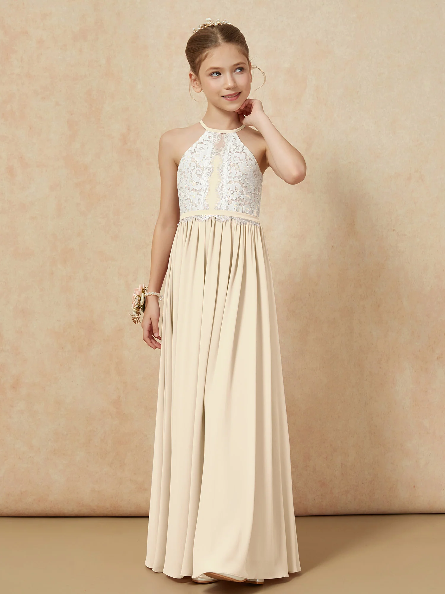 Lace Top Sleeveless Pleated Long Junior Bridesmaid Dress Champagne - Image 6