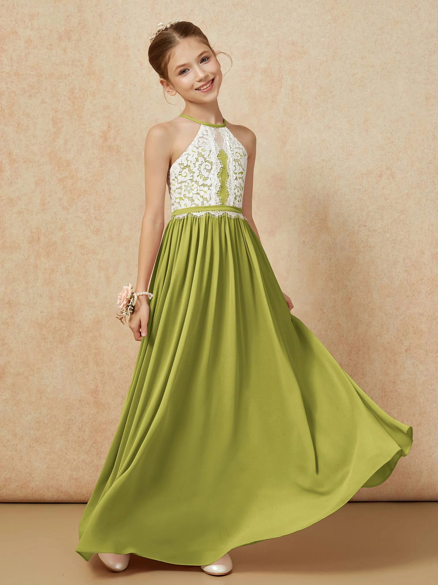Lace Top Sleeveless Pleated Long Junior Bridesmaid Dress Clover - Image 3