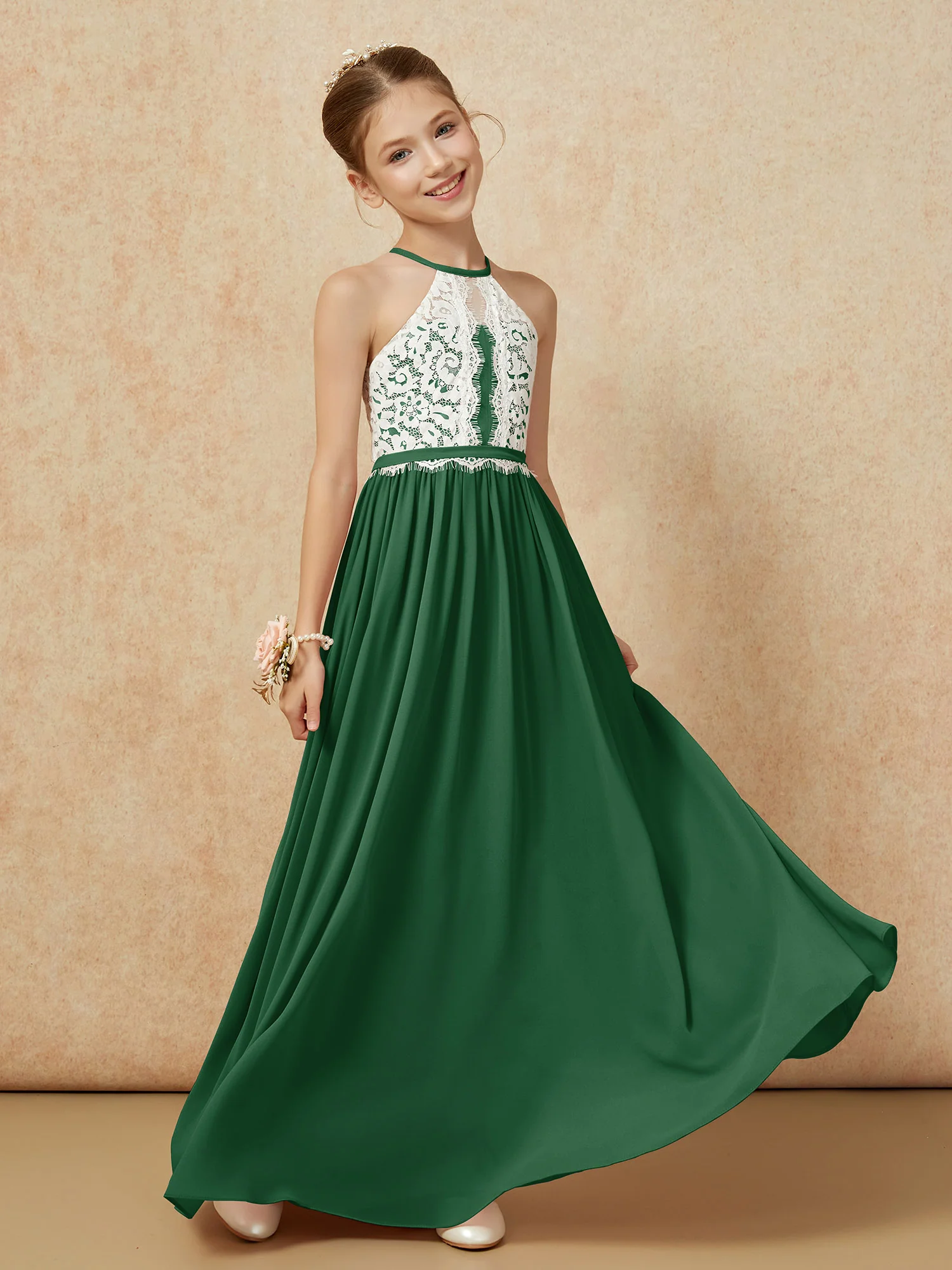Lace Top Sleeveless Pleated Long Junior Bridesmaid Dress Dark Green - Image 3