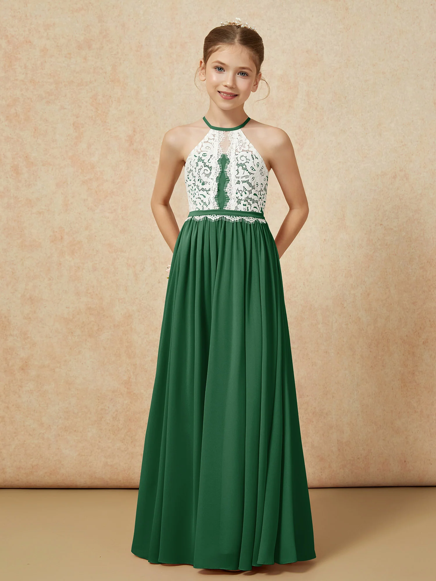 Lace Top Sleeveless Pleated Long Junior Bridesmaid Dress Dark Green - Image 5