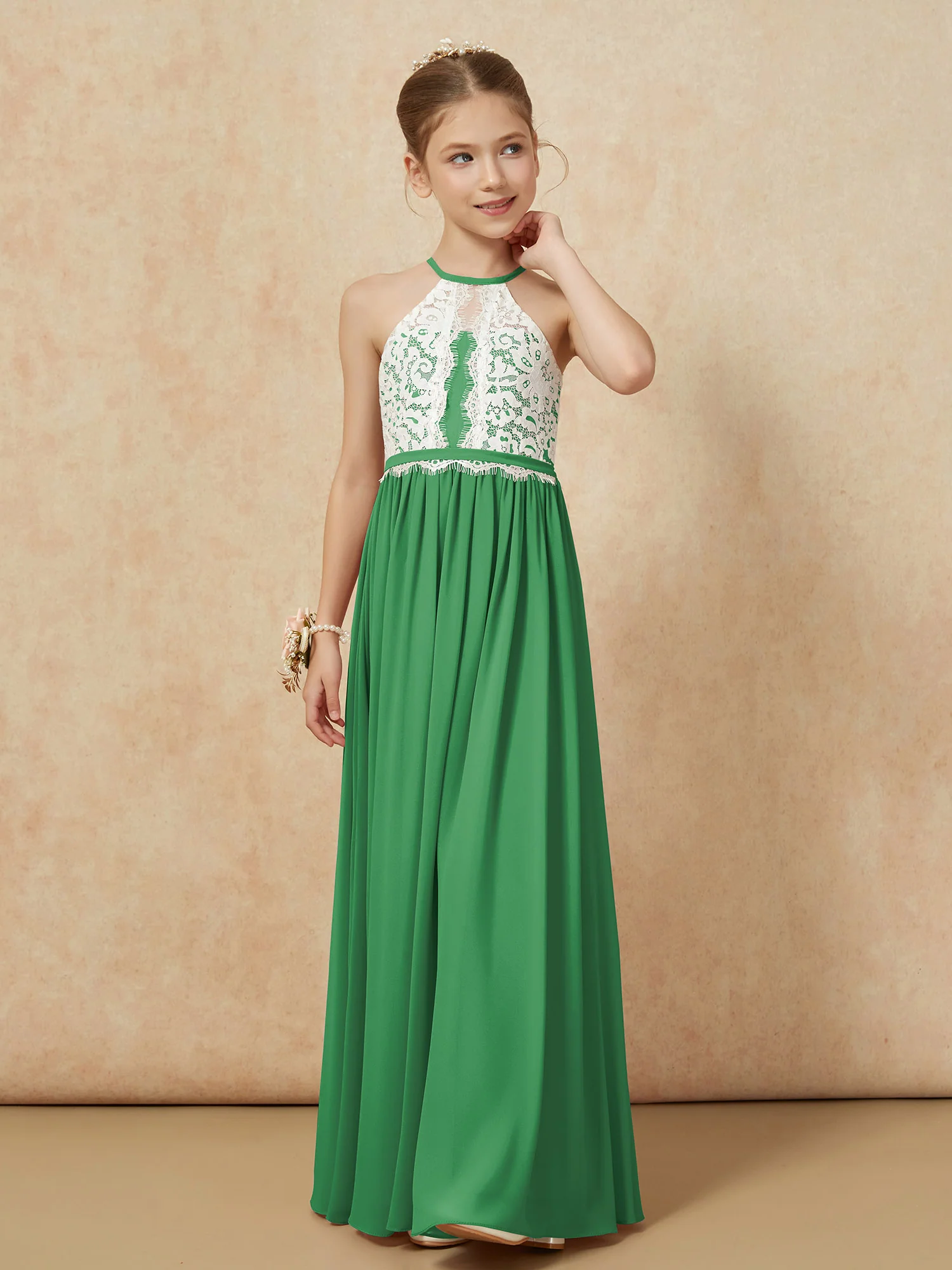 Lace Top Sleeveless Pleated Long Junior Bridesmaid Dress Emerald - Image 6