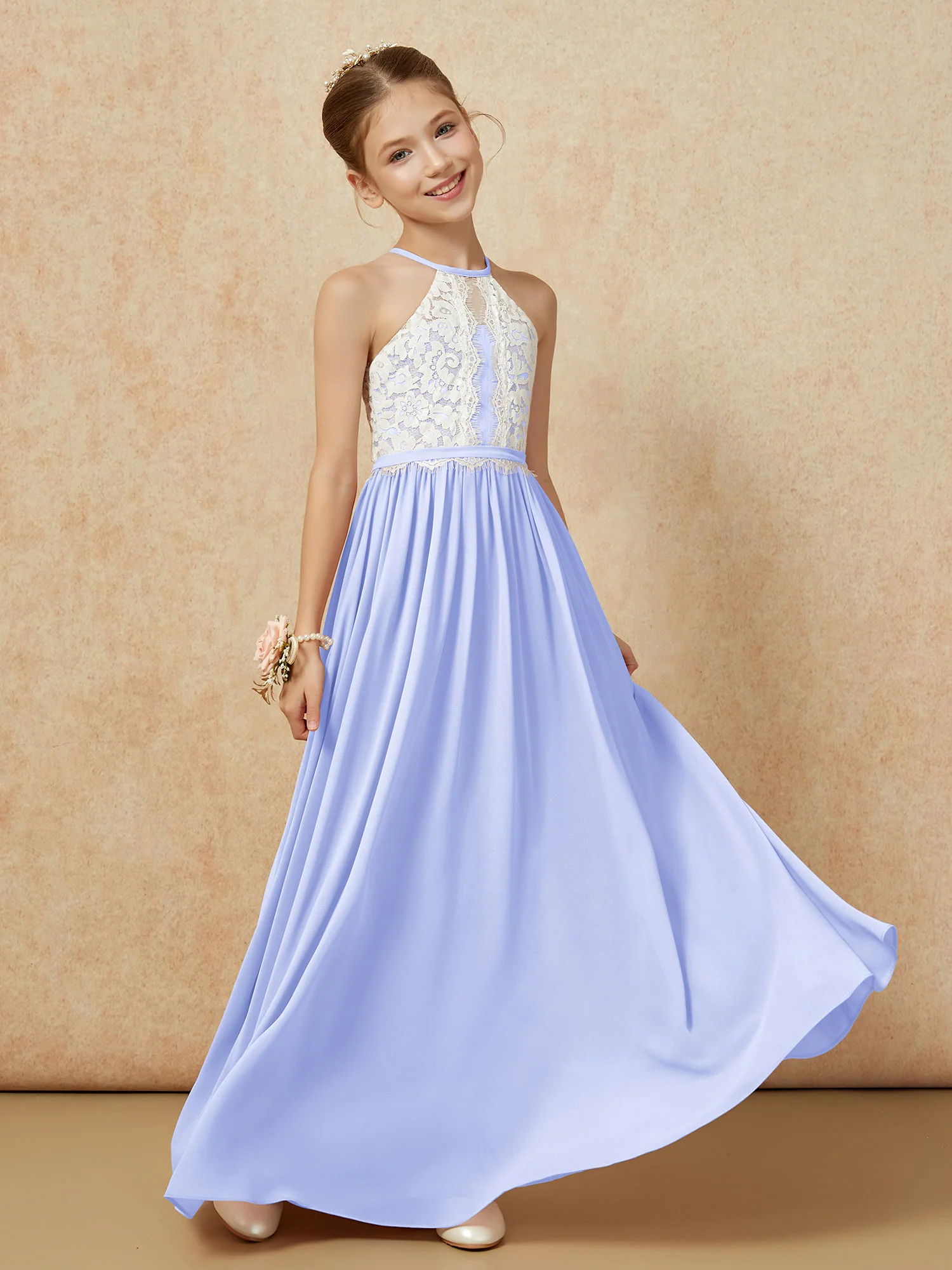 Lace Top Sleeveless Pleated Long Junior Bridesmaid Dress Lavender - Image 3