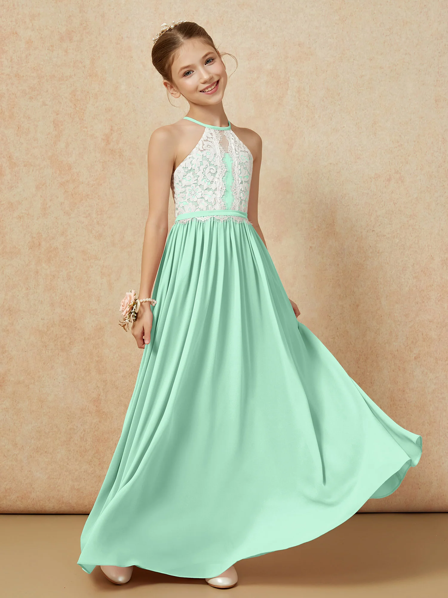 Lace Top Sleeveless Pleated Long Junior Bridesmaid Dress Mint Green - Image 3