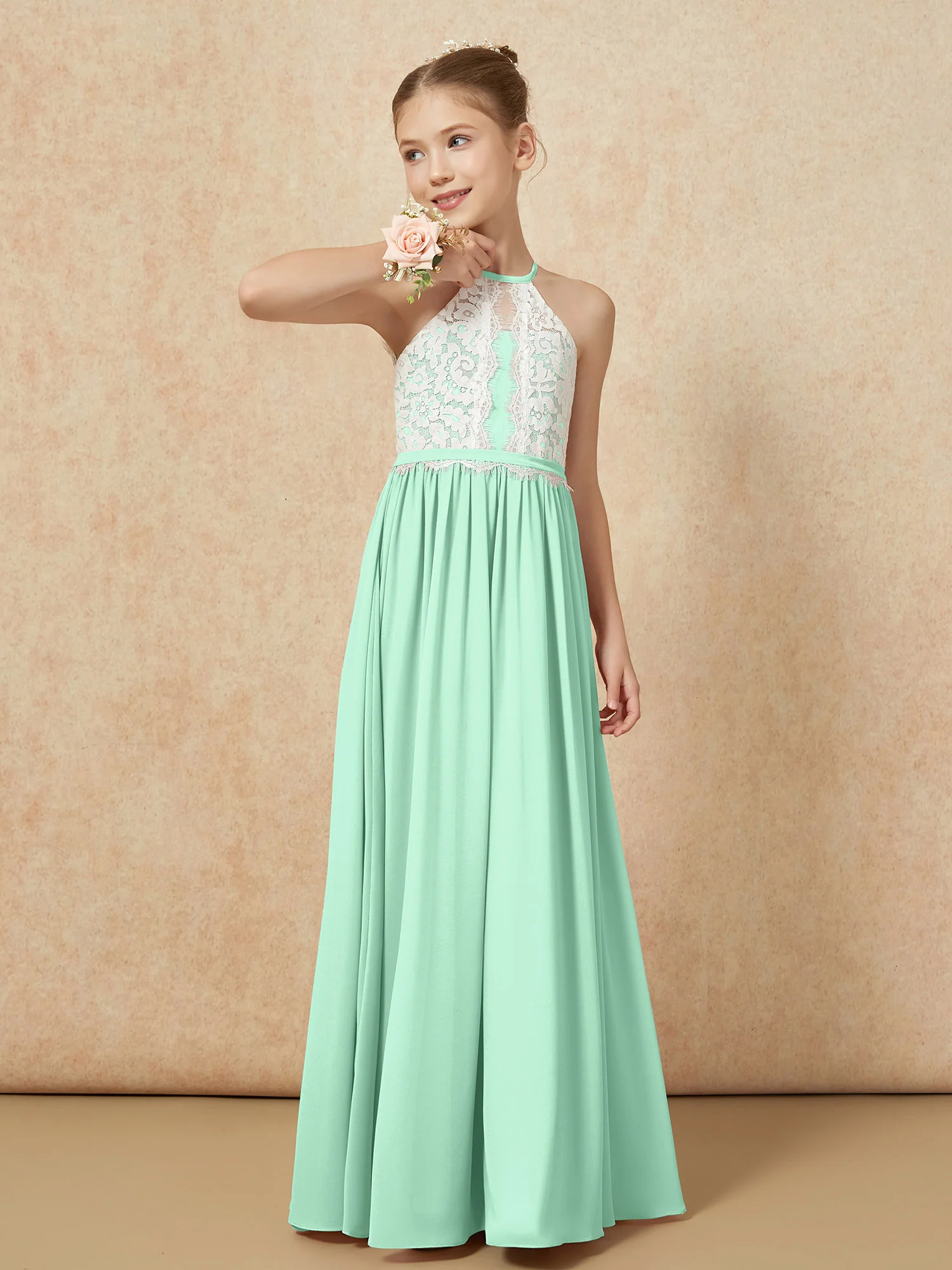 Lace Top Sleeveless Pleated Long Junior Bridesmaid Dress Mint Green - Image 4
