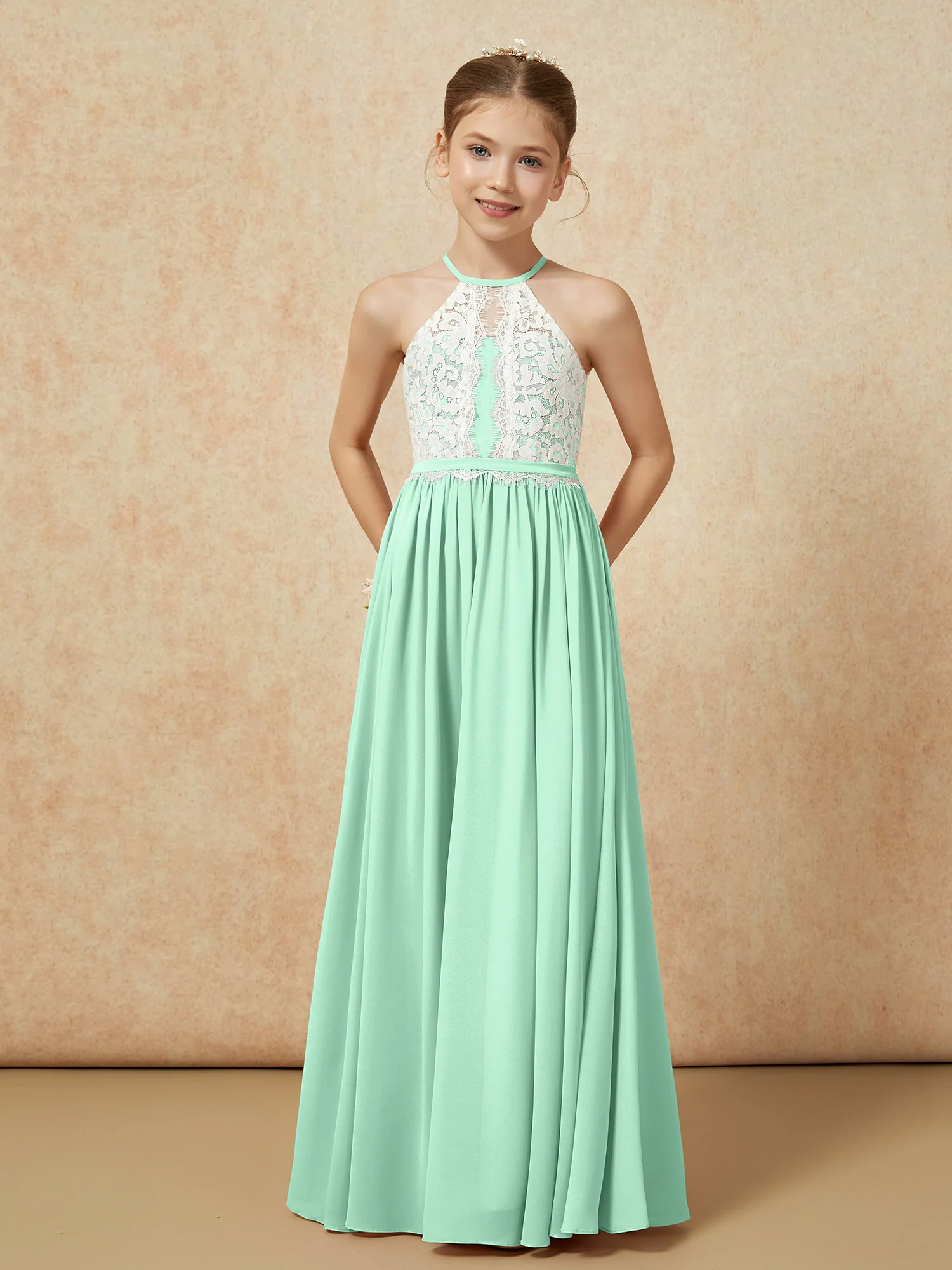 Lace Top Sleeveless Pleated Long Junior Bridesmaid Dress Mint Green - Image 5
