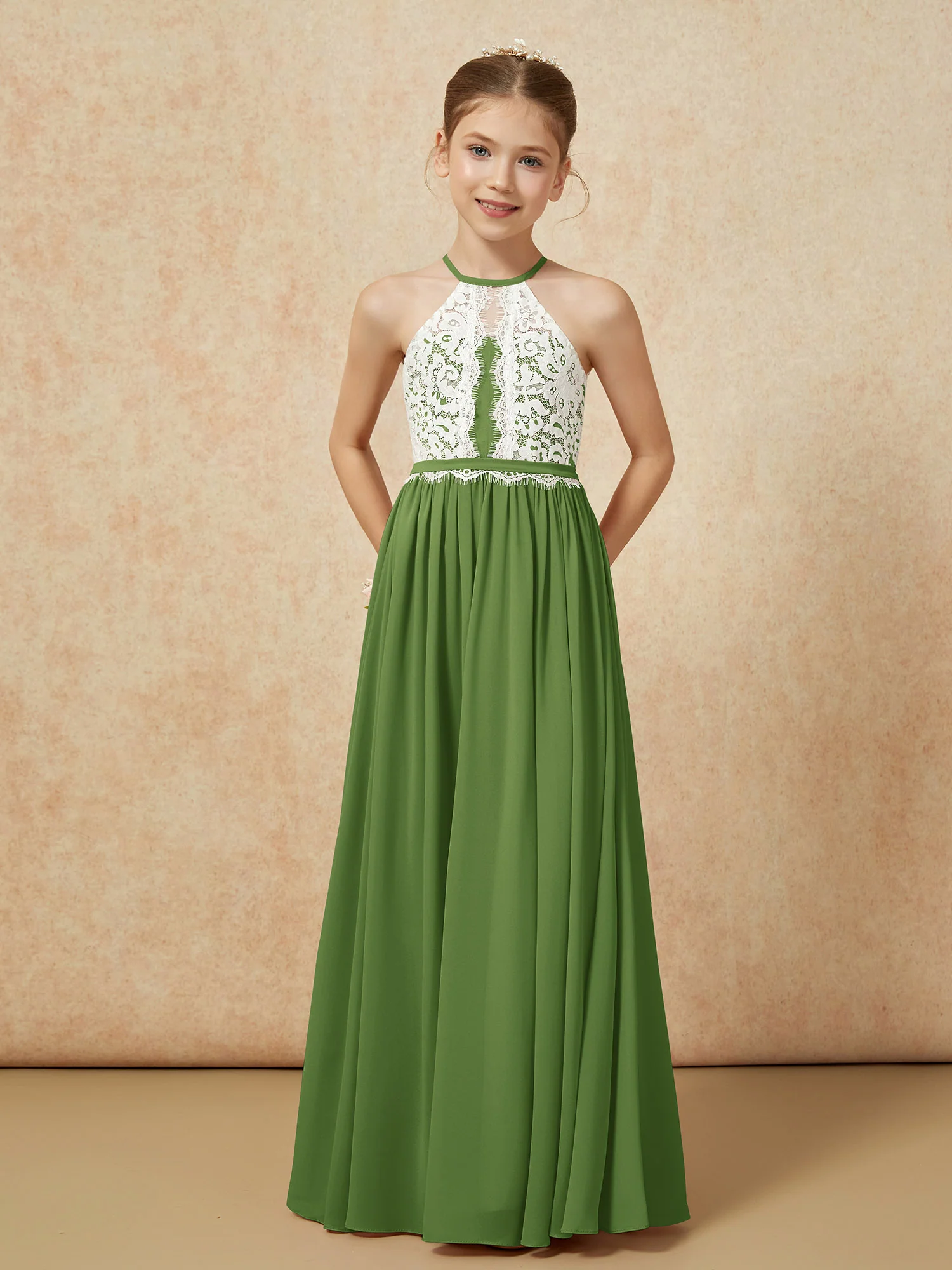 Lace Top Sleeveless Pleated Long Junior Bridesmaid Dress Moss - Image 5