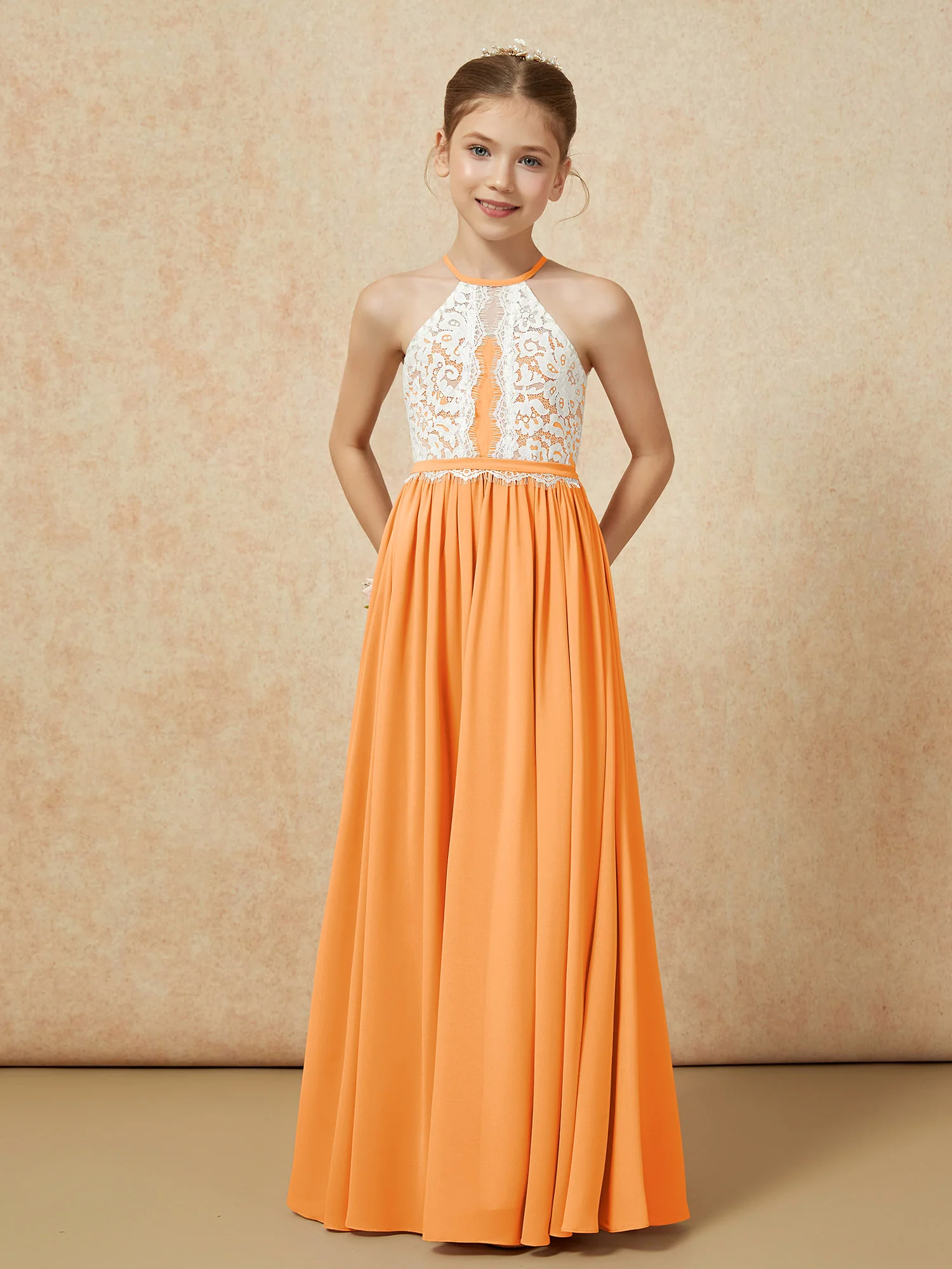Lace Top Sleeveless Pleated Long Junior Bridesmaid Dress Orange - Image 5