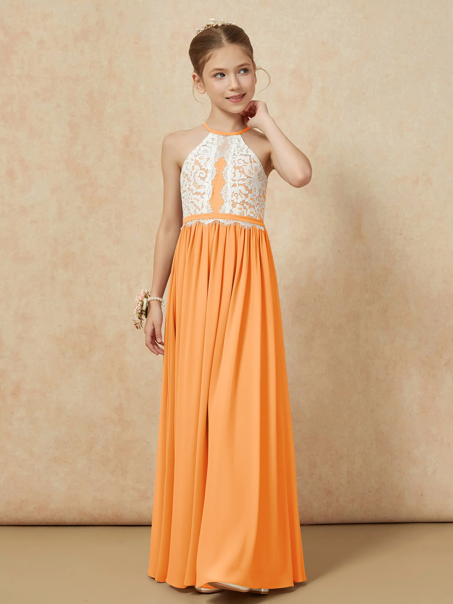 Lace Top Sleeveless Pleated Long Junior Bridesmaid Dress Orange - Image 6