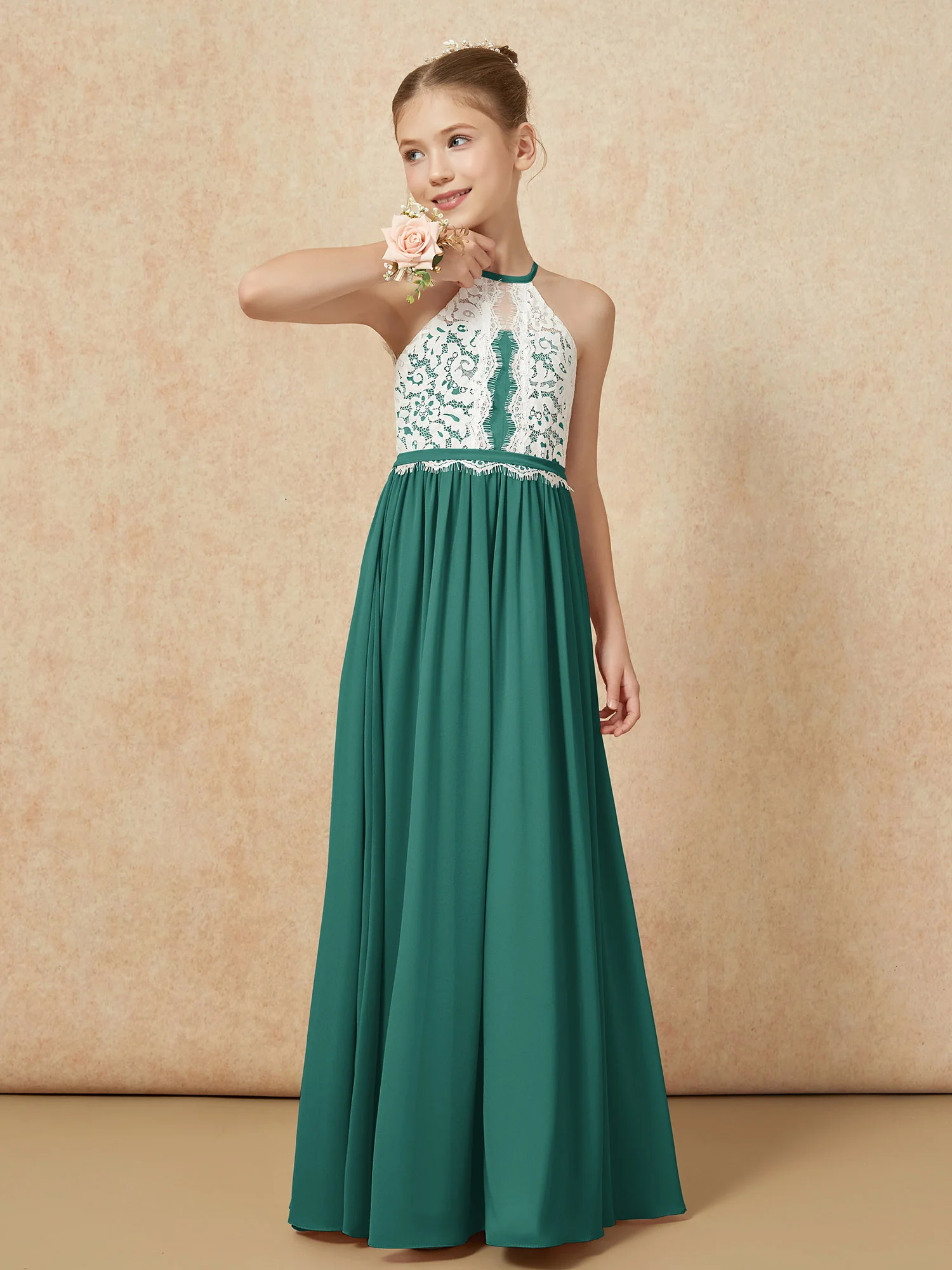 Lace Top Sleeveless Pleated Long Junior Bridesmaid Dress Peacock - Image 4