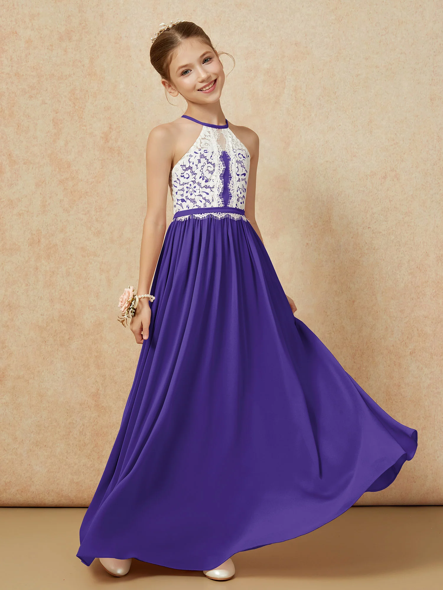 Lace Top Sleeveless Pleated Long Junior Bridesmaid Dress Regency - Image 3
