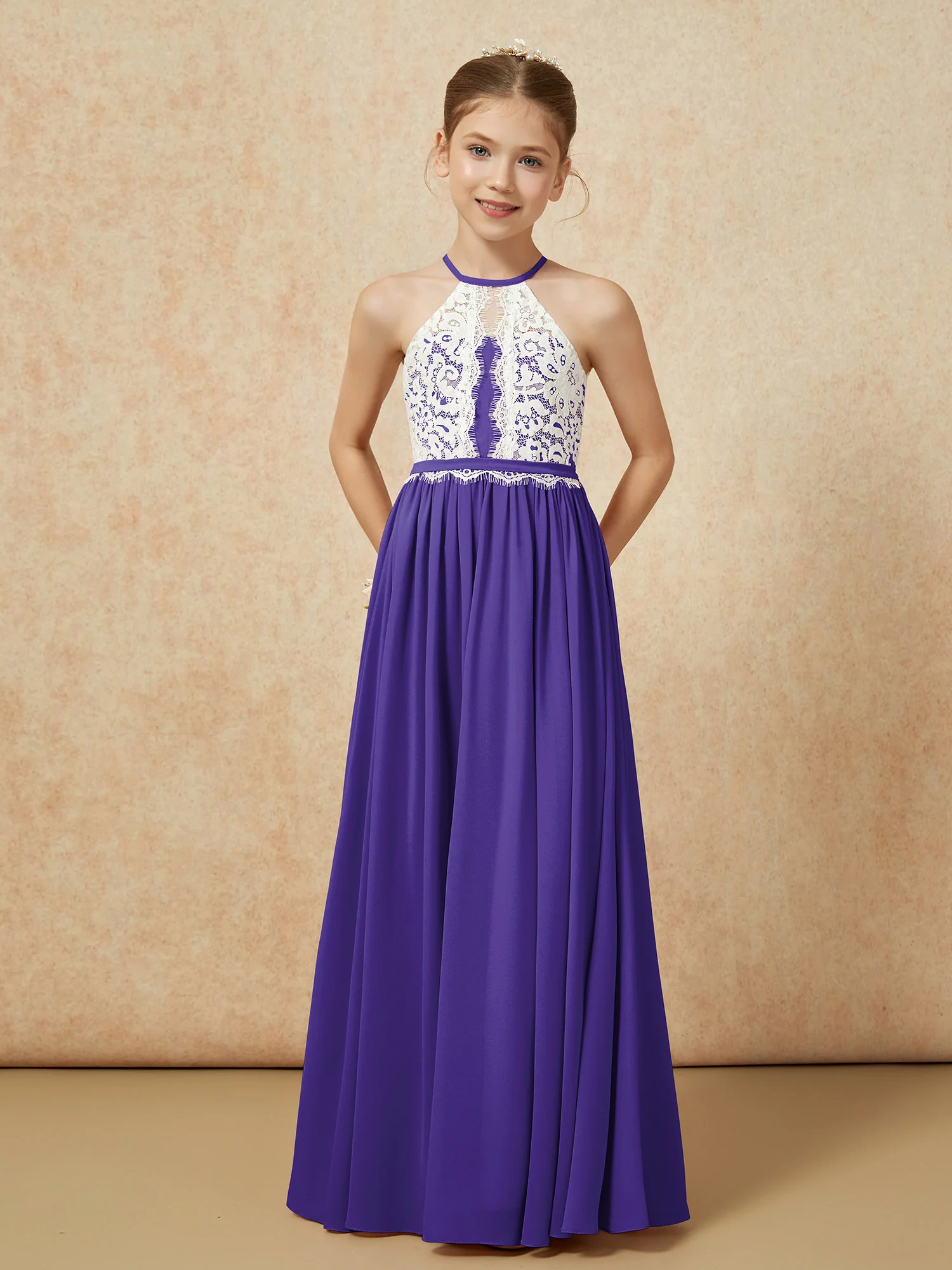 Lace Top Sleeveless Pleated Long Junior Bridesmaid Dress Regency - Image 5