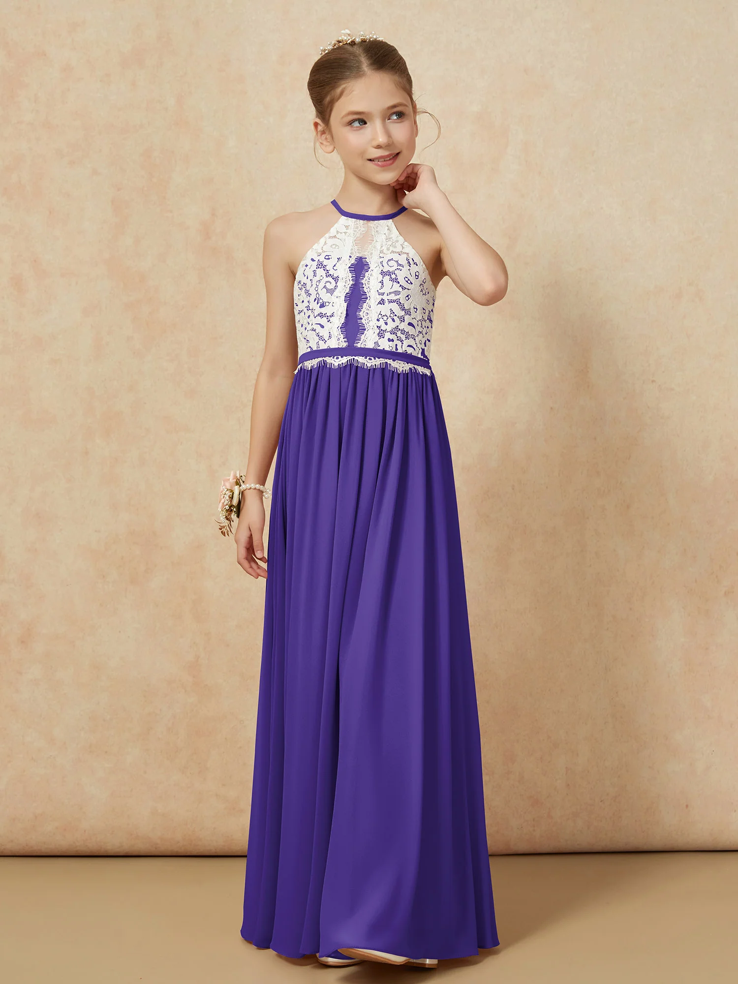 Lace Top Sleeveless Pleated Long Junior Bridesmaid Dress Regency - Image 6