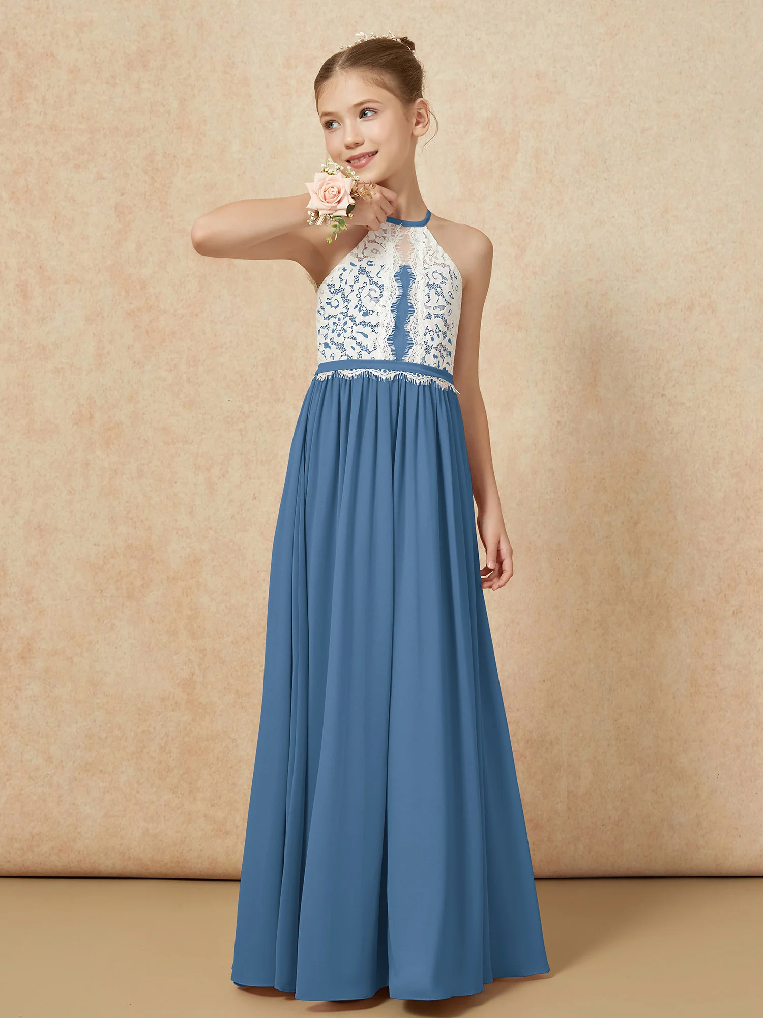 Lace Top Sleeveless Pleated Long Junior Bridesmaid Dress Slate Blue - Image 4