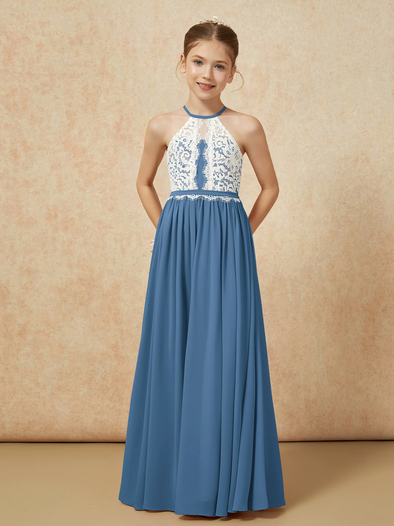 Lace Top Sleeveless Pleated Long Junior Bridesmaid Dress Slate Blue - Image 5