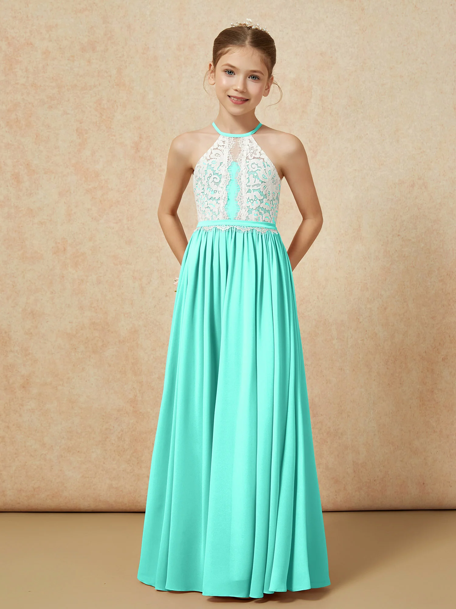 Lace Top Sleeveless Pleated Long Junior Bridesmaid Dress Spa - Image 5