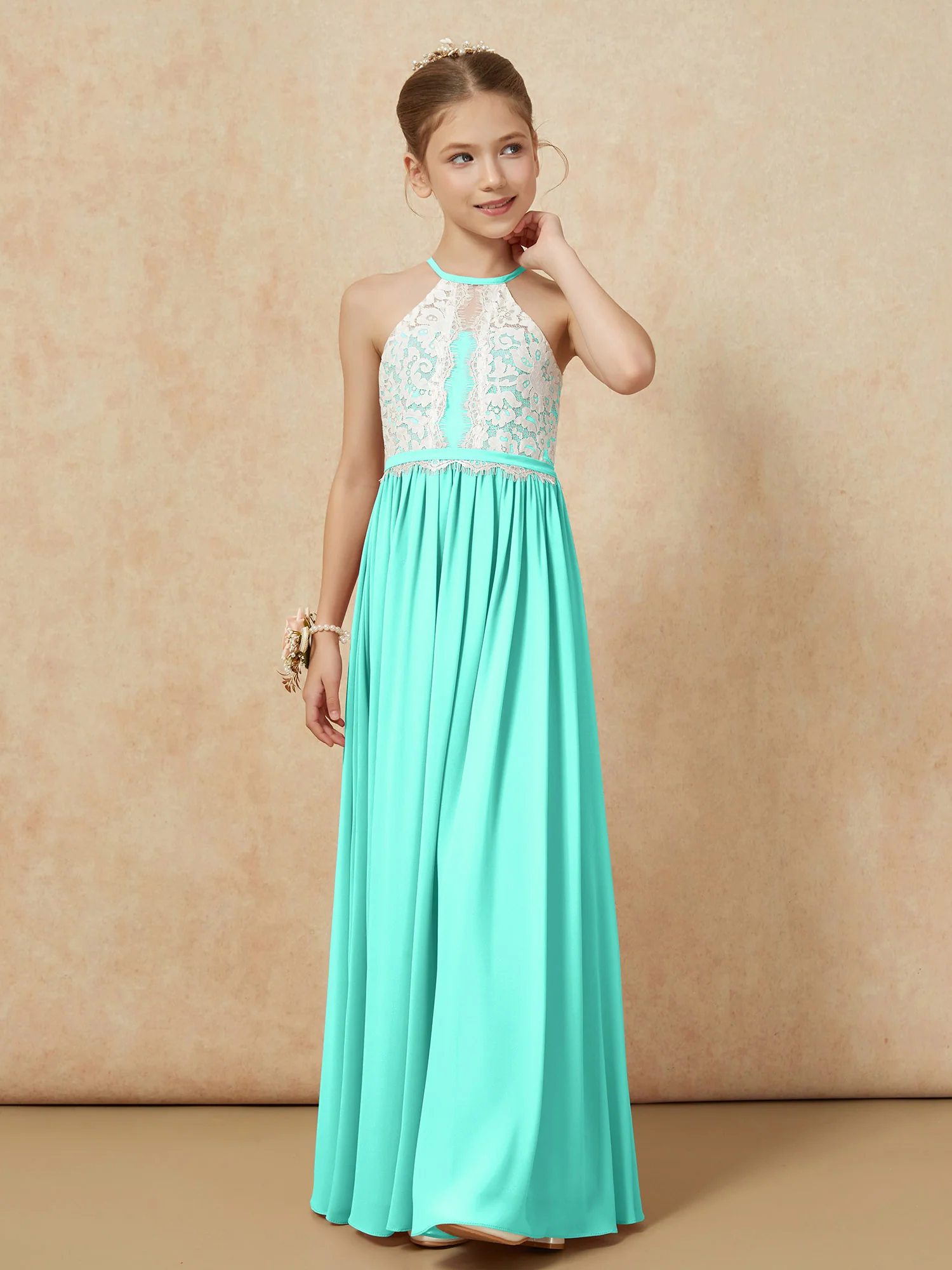 Lace Top Sleeveless Pleated Long Junior Bridesmaid Dress Spa - Image 6