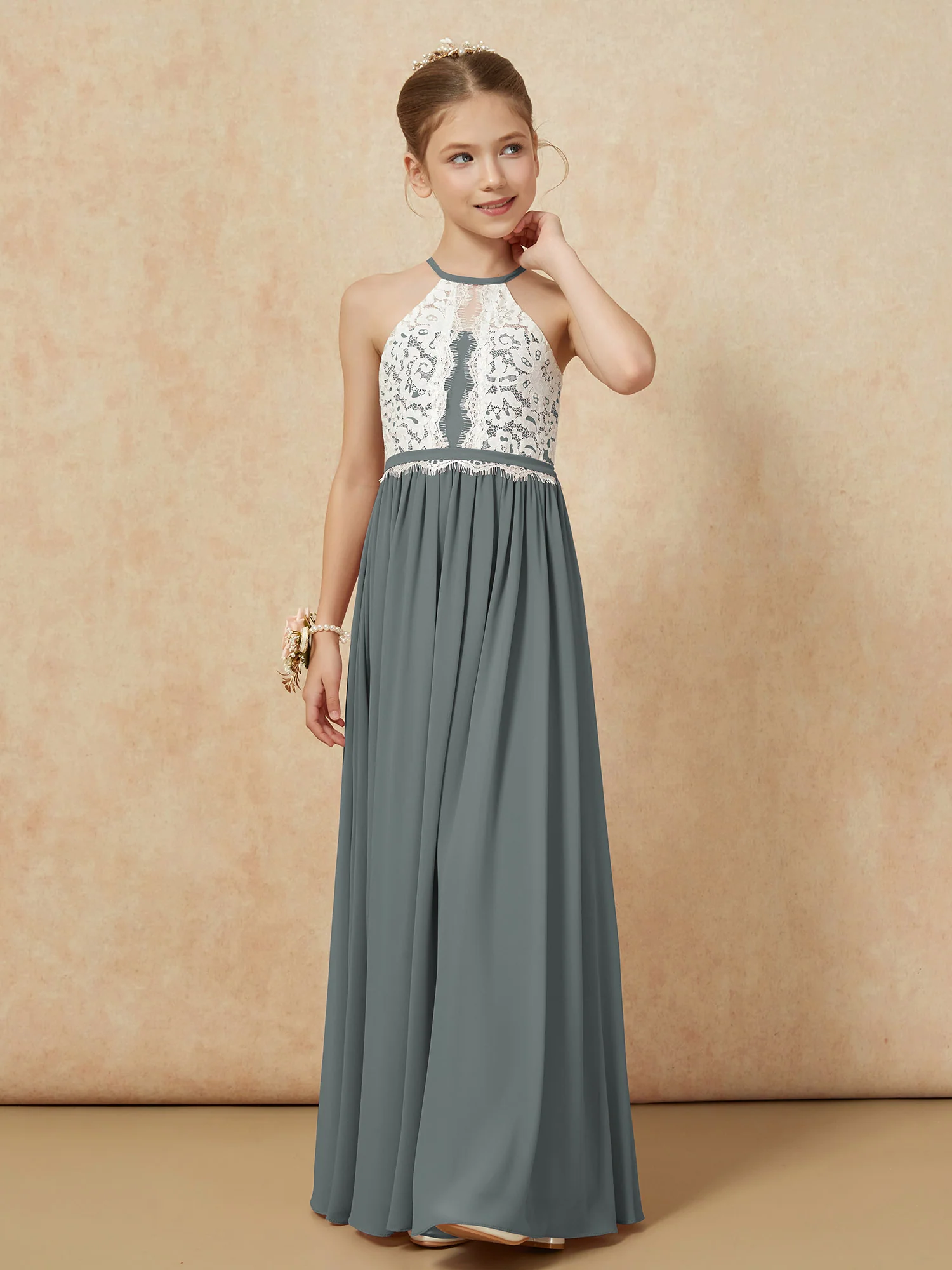 Lace Top Sleeveless Pleated Long Junior Bridesmaid Dress Steel Grey - Image 6