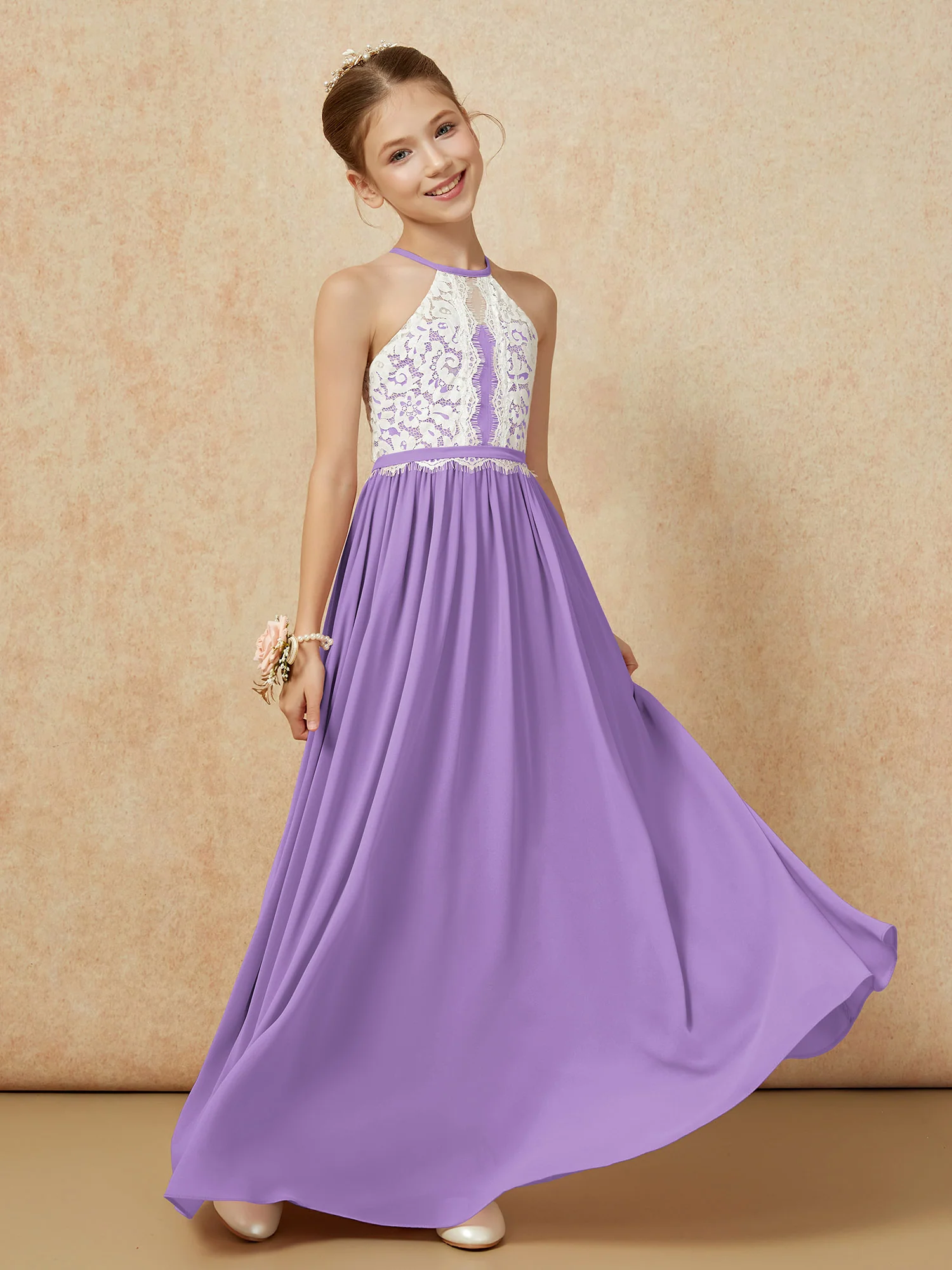 Lace Top Sleeveless Pleated Long Junior Bridesmaid Dress Tahiti - Image 3