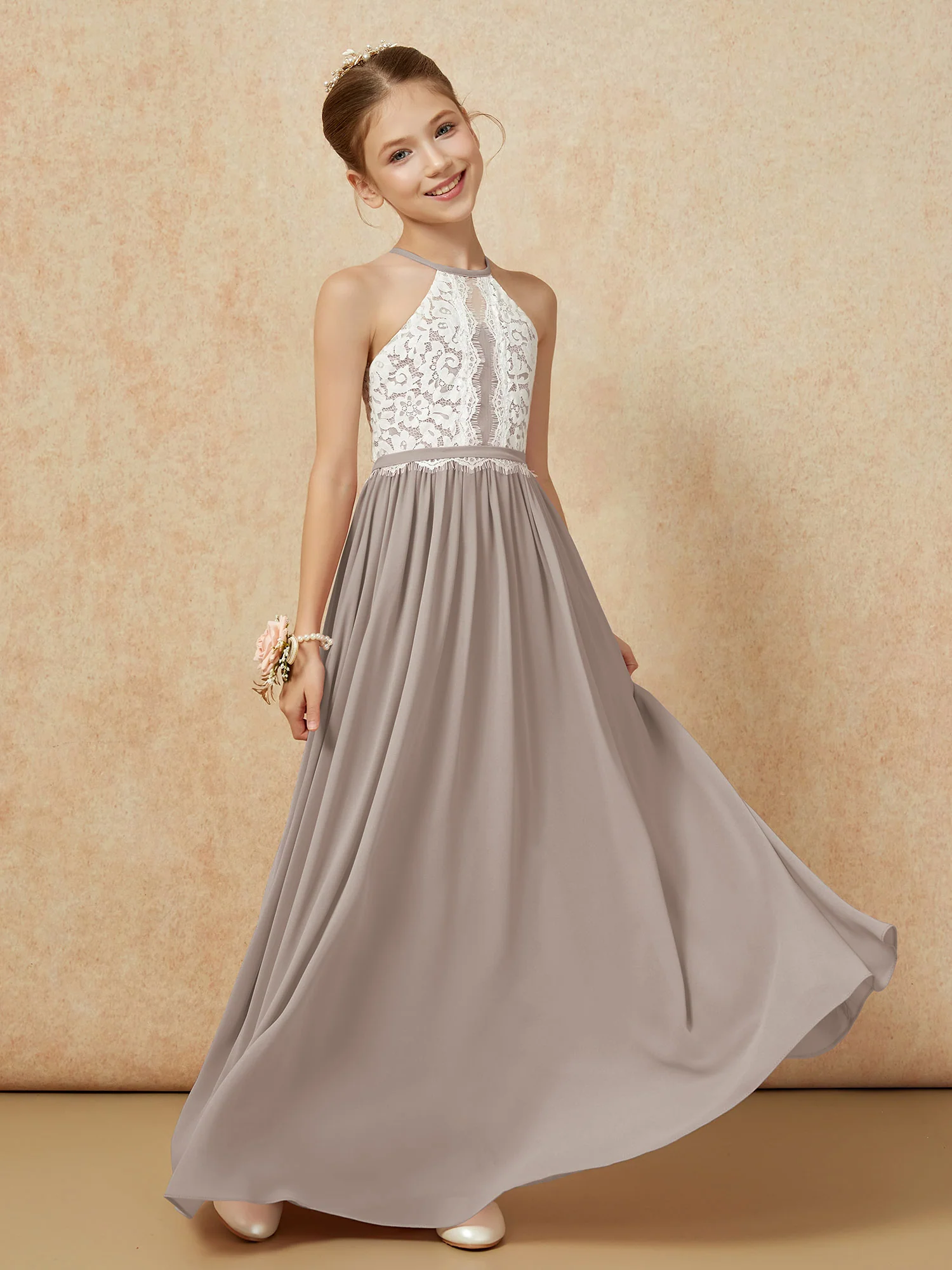 Lace Top Sleeveless Pleated Long Junior Bridesmaid Dress Taupe - Image 3