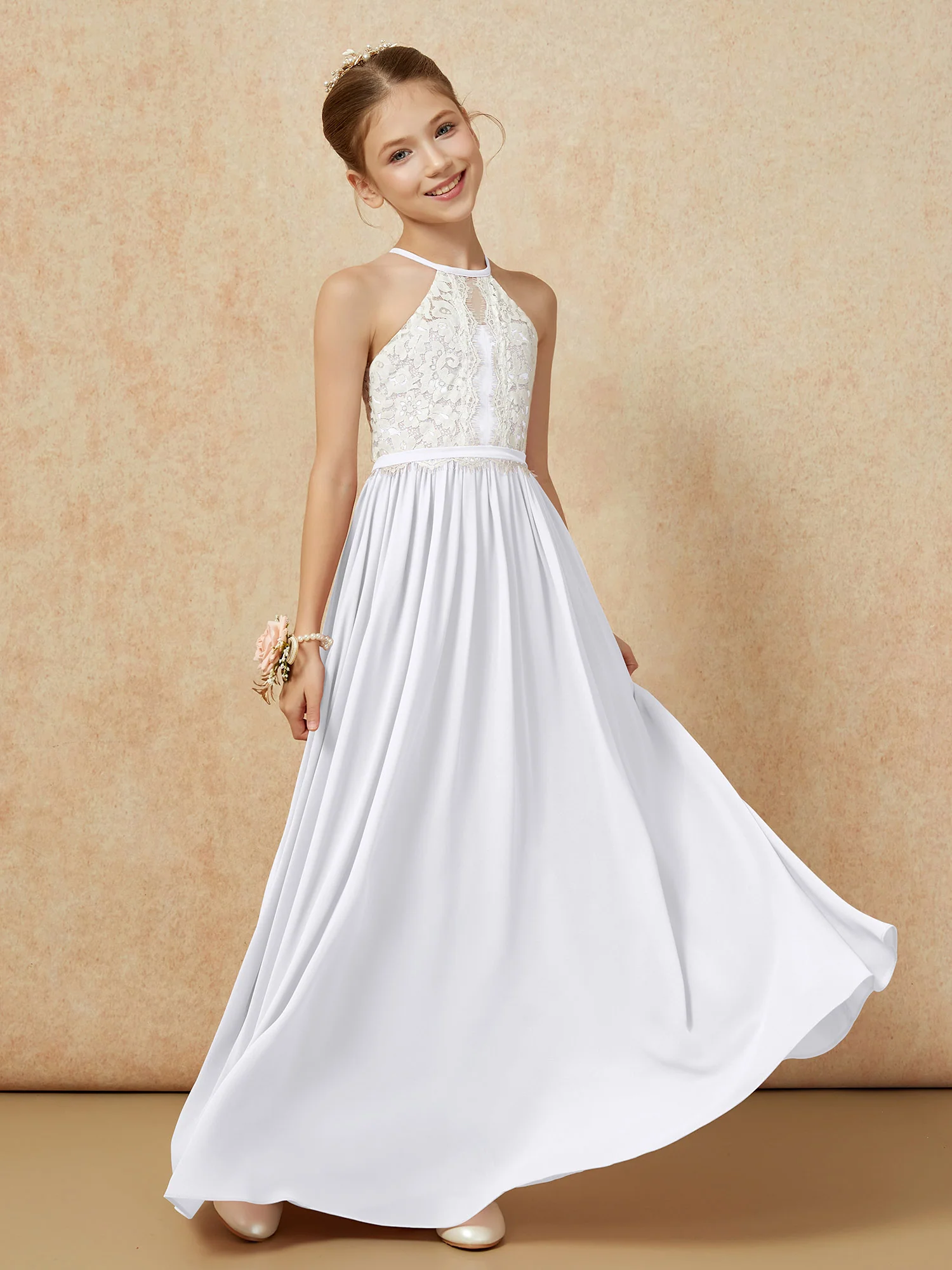 Lace Top Sleeveless Pleated Long Junior Bridesmaid Dress White - Image 3