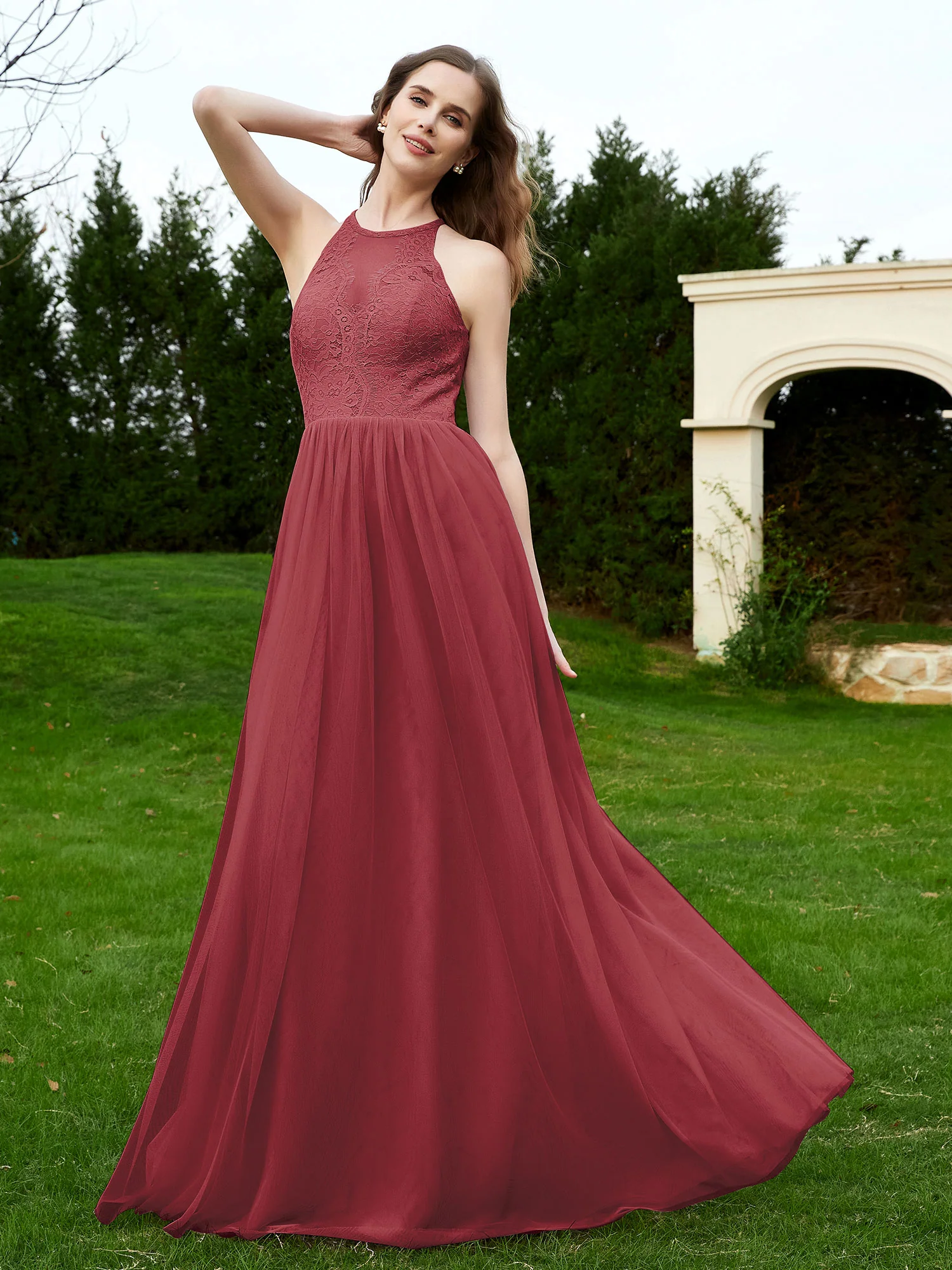 Lace Tulle Bridesmaid Gown Halter Neckline Cinnamon Rose