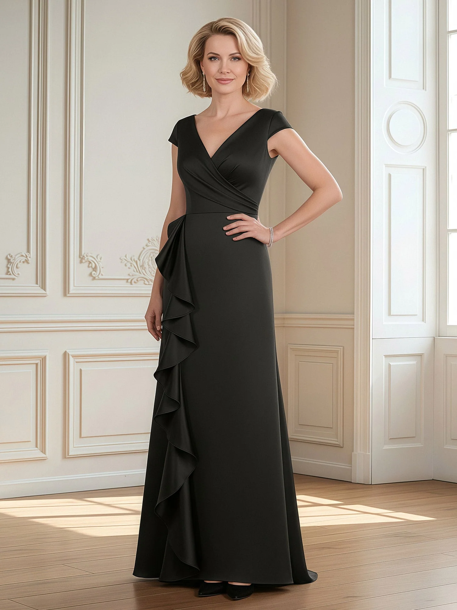 V-Neck Cap Sleeve Sheath Gown with Side Ruffles Ocean Blue