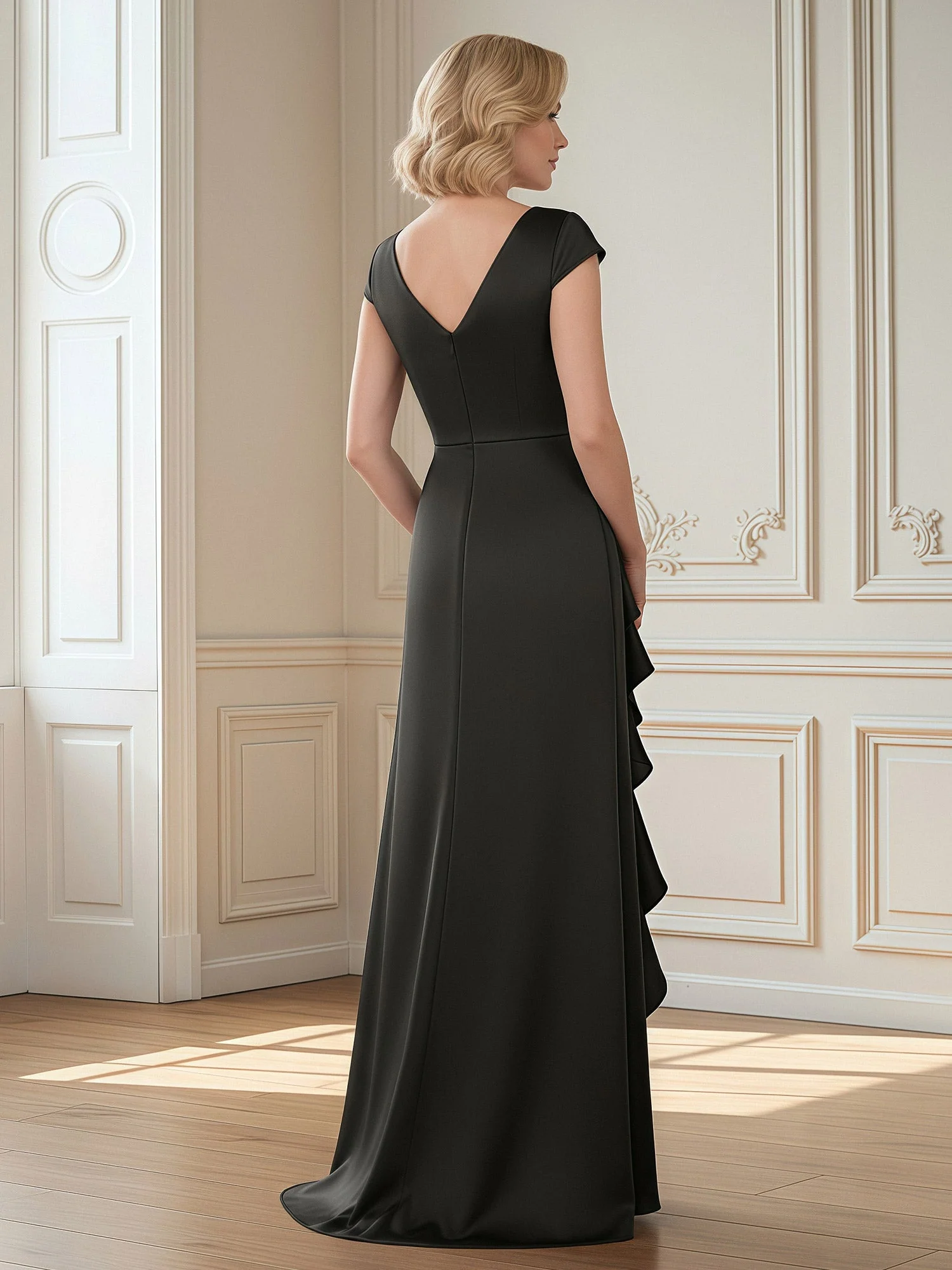 V-Neck Cap Sleeve Sheath Gown with Side Ruffles Slate Blue - Image 2