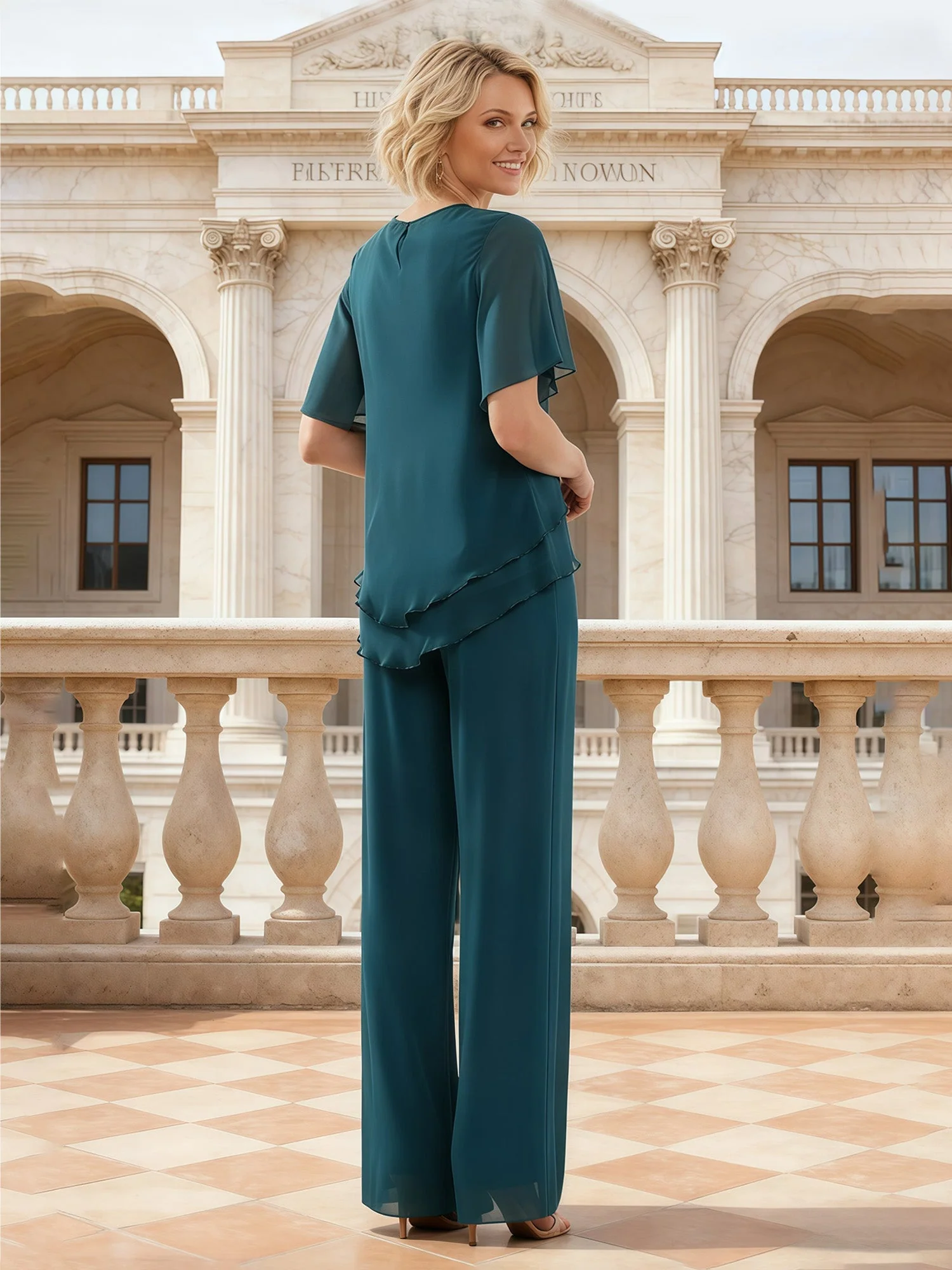 Layered Chiffon Pant Suit Beaded Trim Wide Leg Design Plum - Image 2