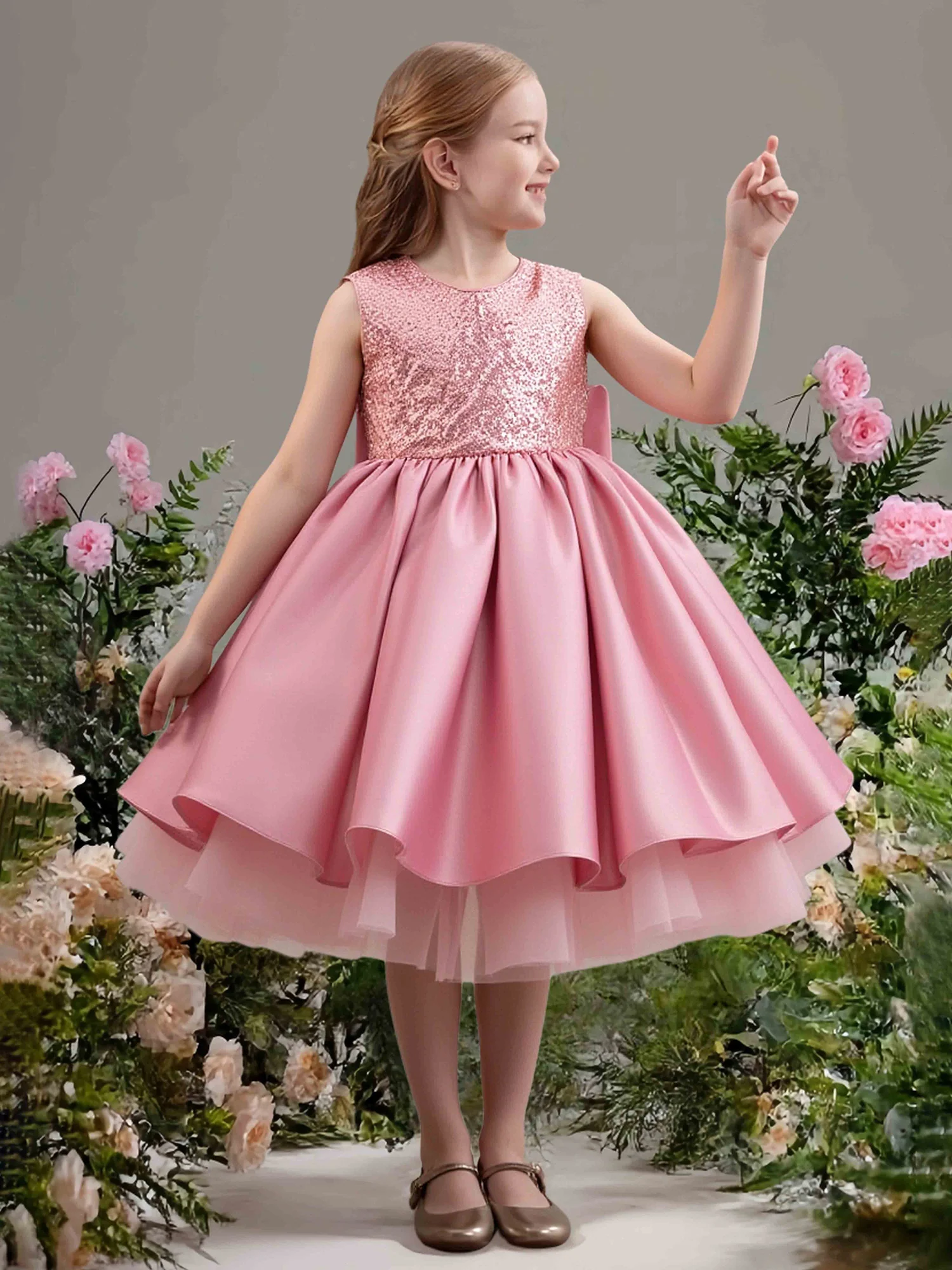 Sleeveless Round Neck Big Bow Party Flower Girl Dress Dusty Rose
