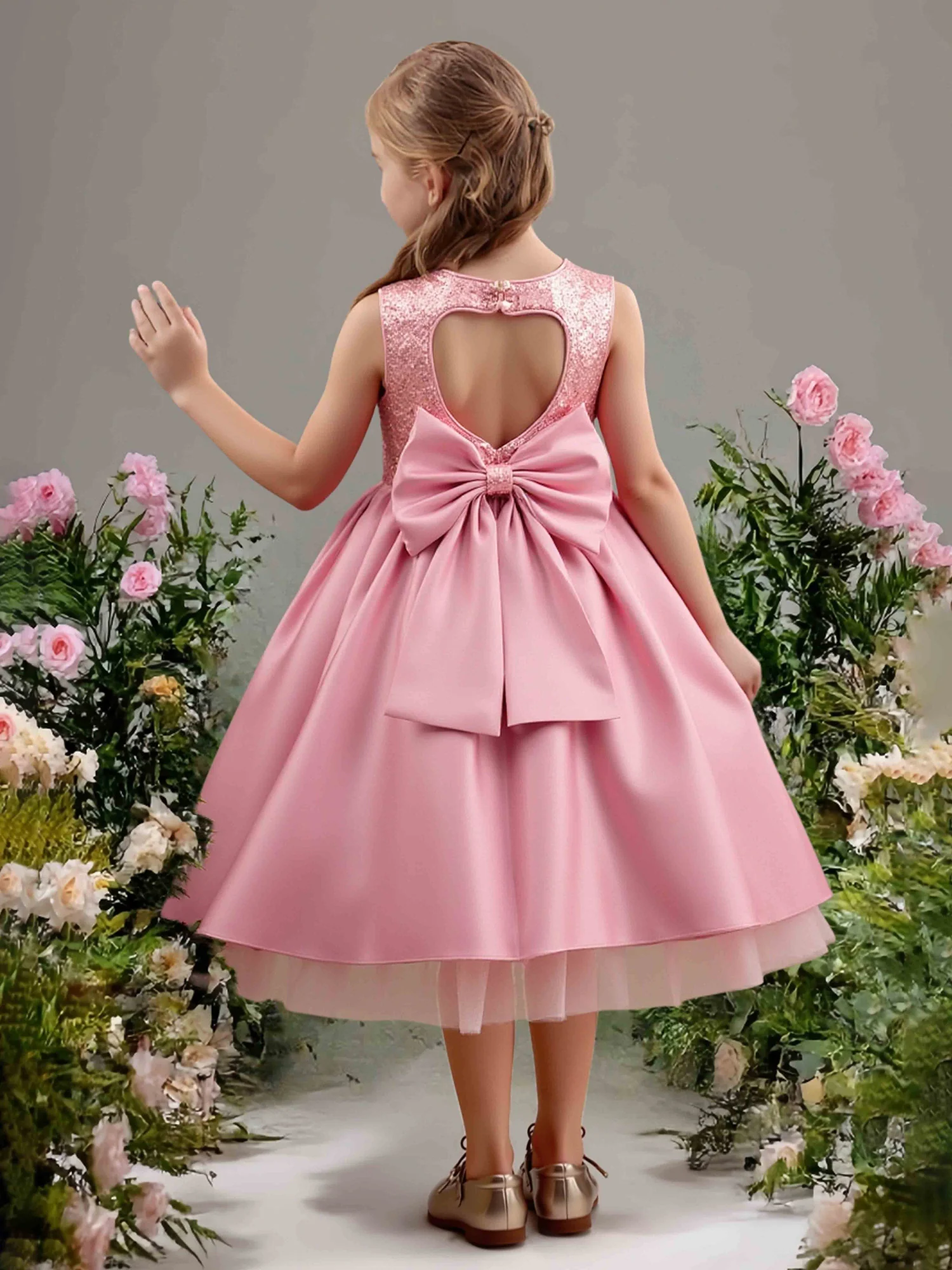 Sleeveless Round Neck Big Bow Party Flower Girl Dress Dusty Rose - Image 2