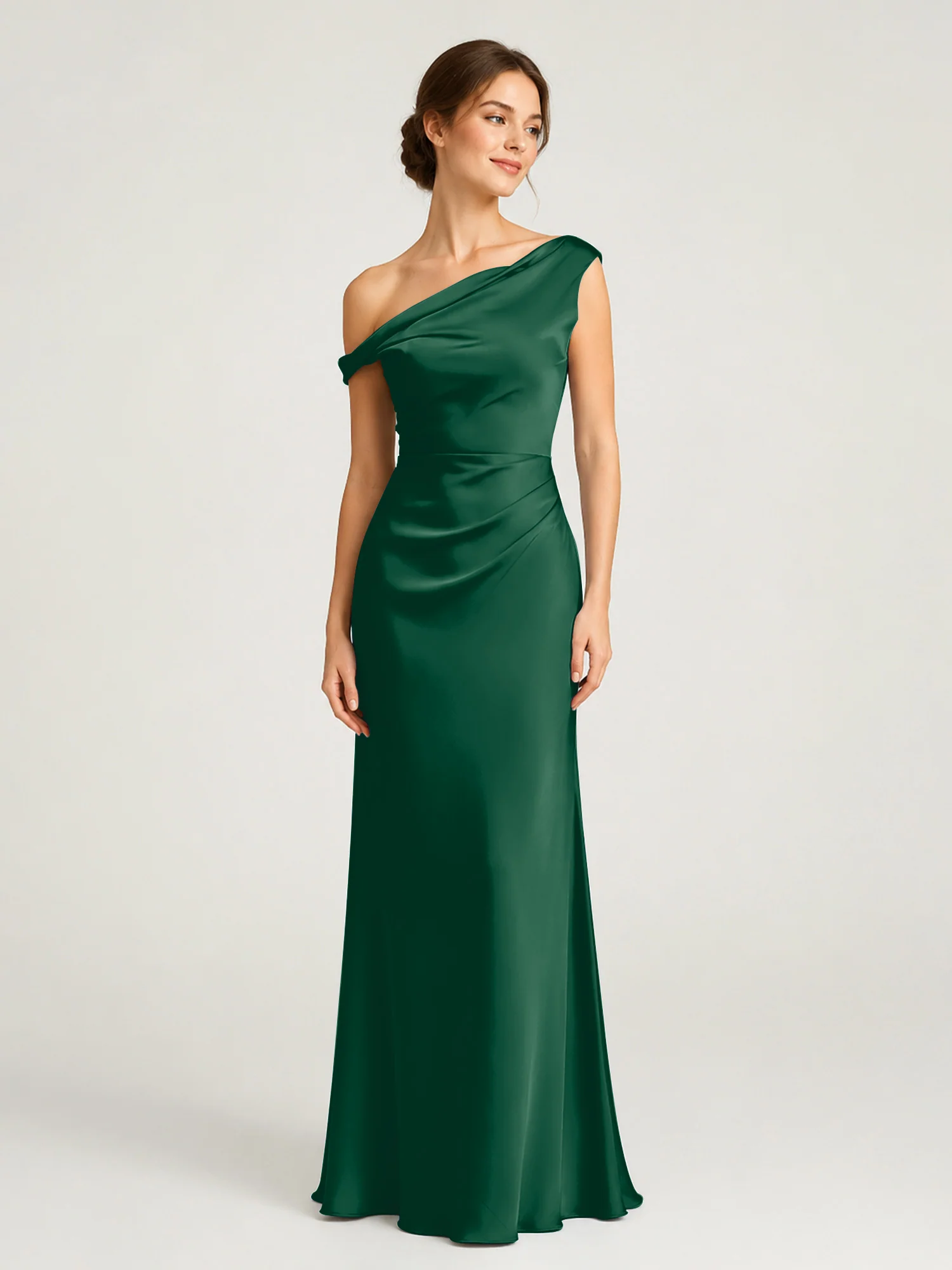 One-Shoulder Drape Satin Gown with Ruched Bodice Dark Green