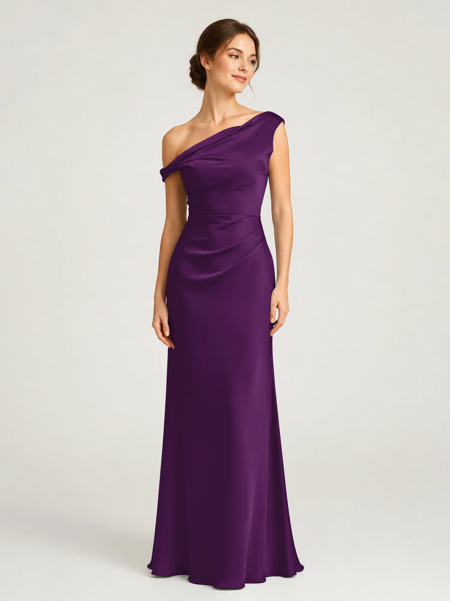 One-Shoulder Drape Satin Gown with Ruched Bodice Grape