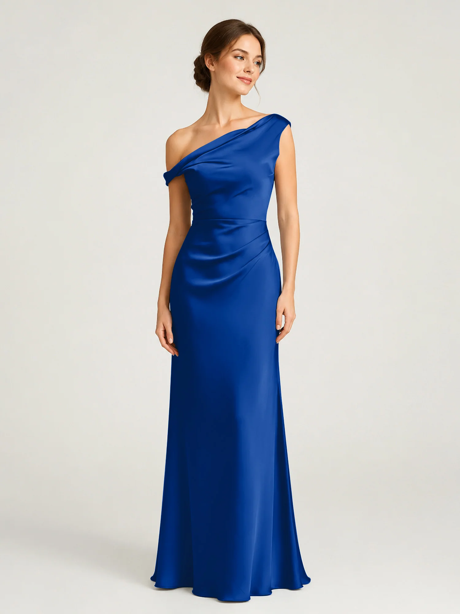 One-Shoulder Drape Satin Gown with Ruched Bodice Royal Blue