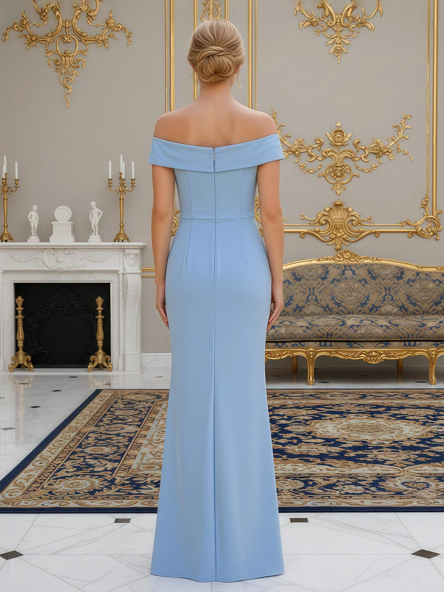 Off-the-Shoulder Sheath Gown with Crystal Embellishment Peacock - Image 2