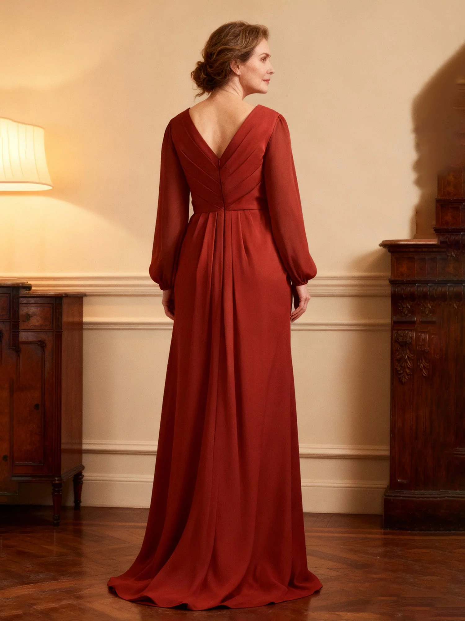 Wrap-Front Beaded Long Sleeve Formal Dress Burgundy - Image 2
