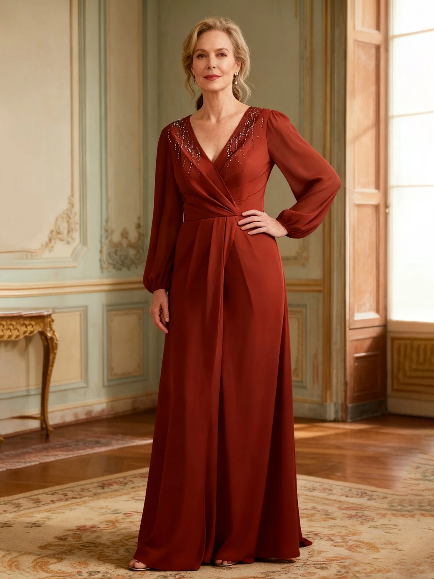 Wrap-Front Beaded Long Sleeve Formal Dress Jade