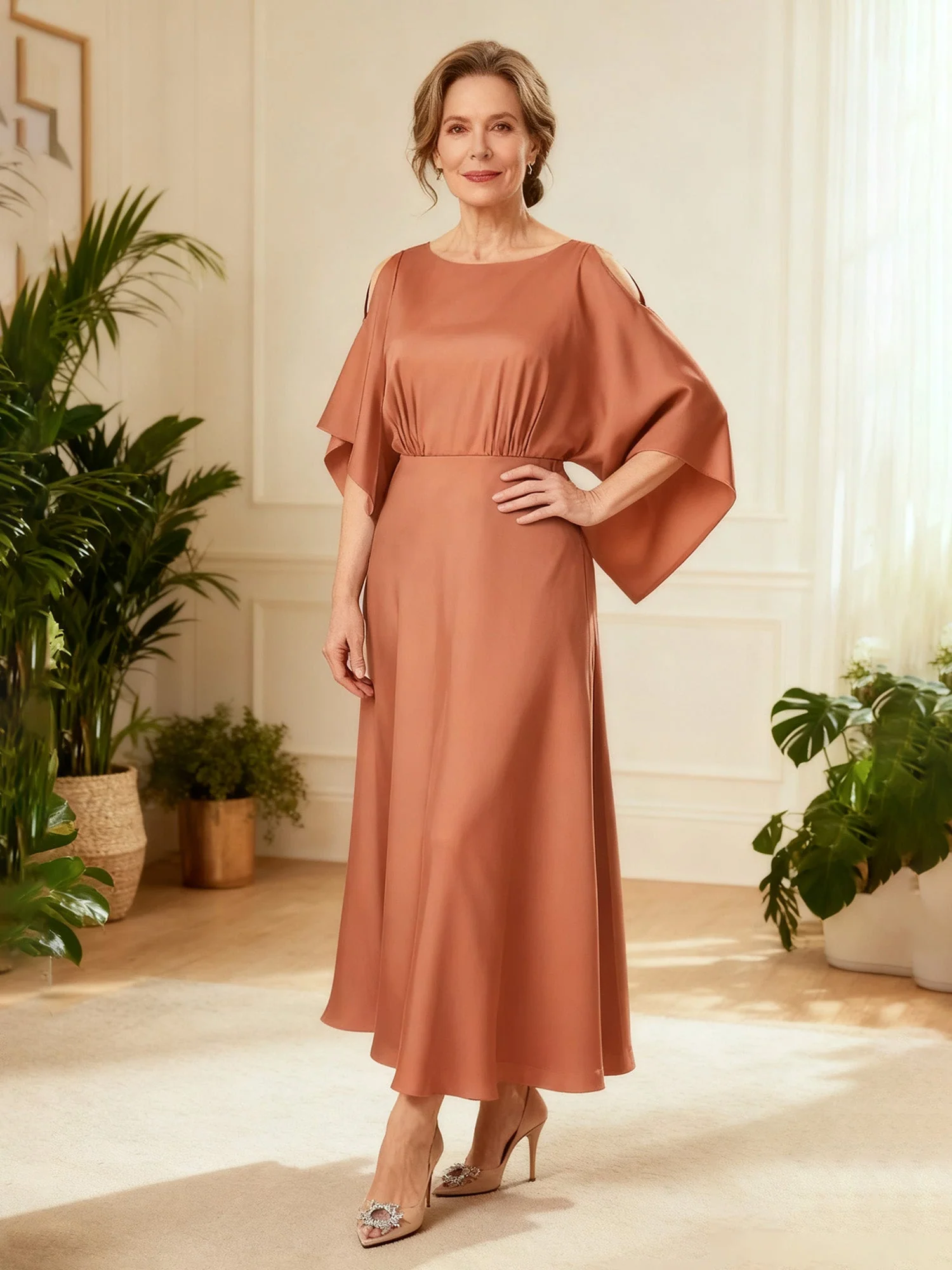 Gathered Waist Boat-Neck Special Occasion Dress Ocean Blue
