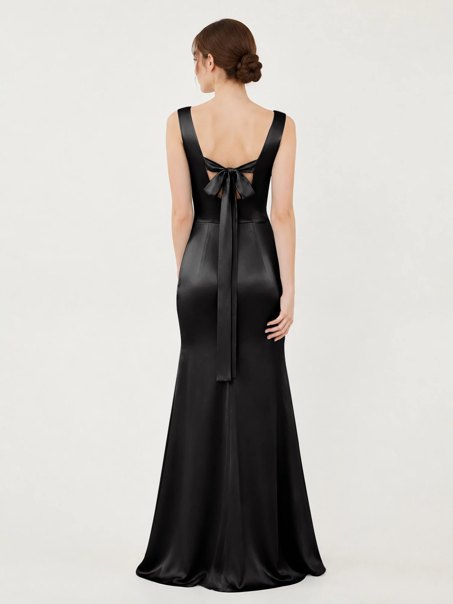 Square Neck Satin Mermaid Gown with Back Bow Detail Black - Image 2