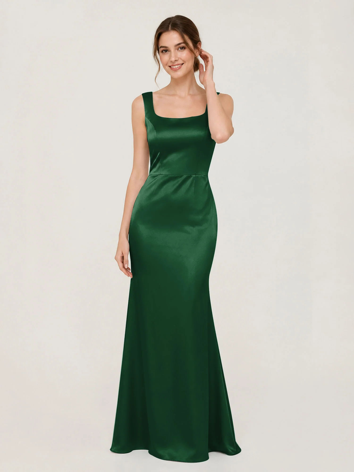 Square Neck Satin Mermaid Gown with Back Bow Detail Dark Green