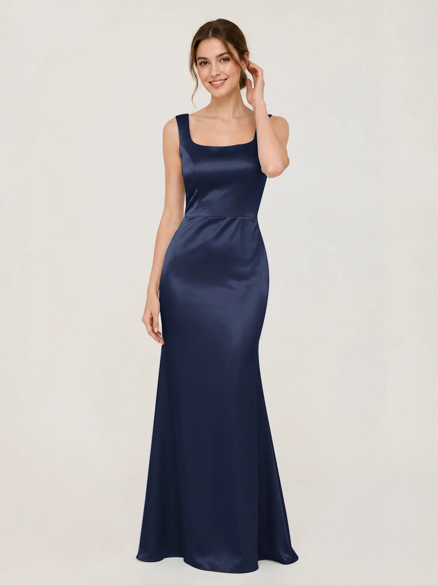 Square Neck Satin Mermaid Gown with Back Bow Detail Dark Navy
