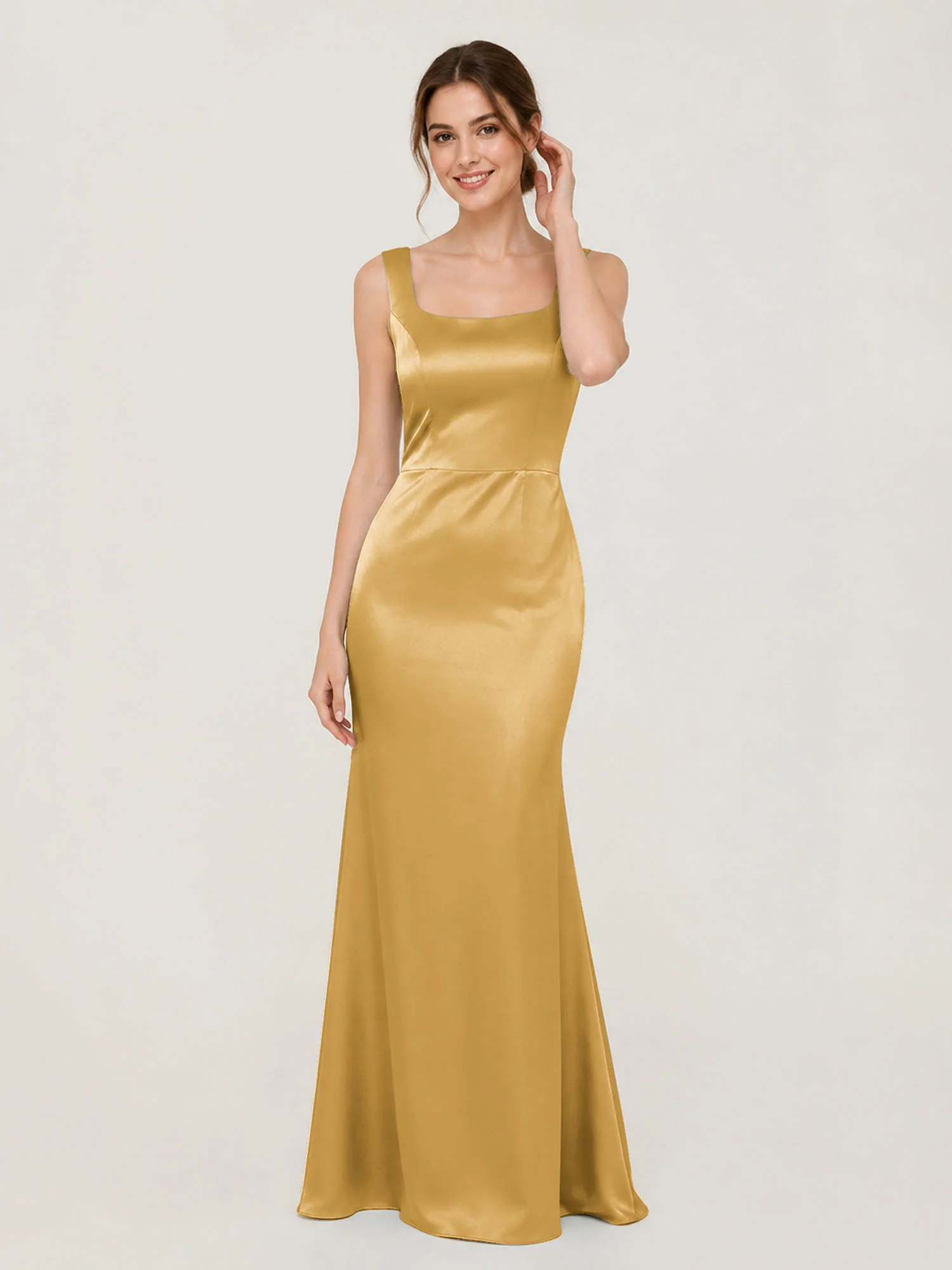 Square Neck Satin Mermaid Gown with Back Bow Detail Gold