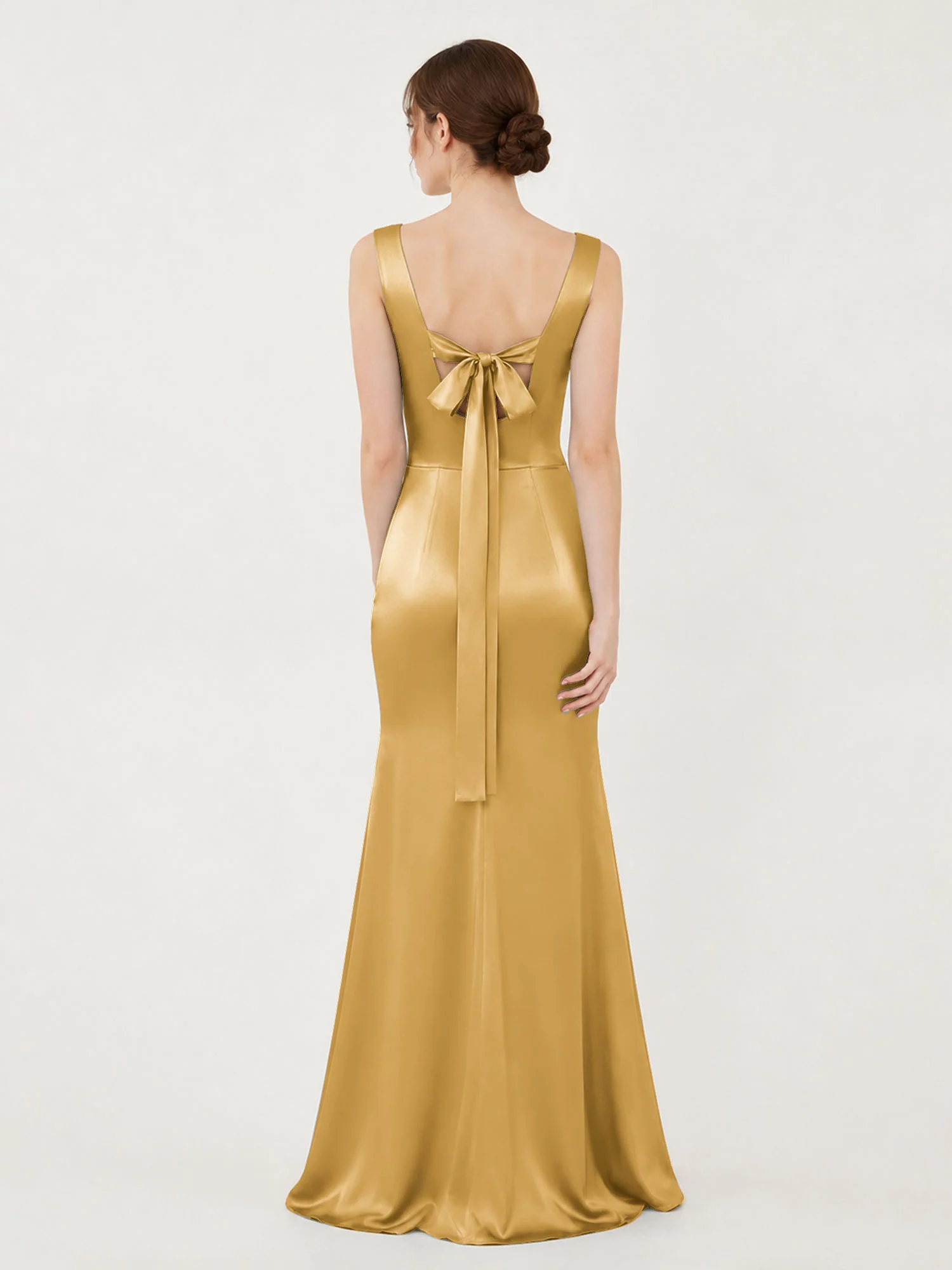 Square Neck Satin Mermaid Gown with Back Bow Detail Gold - Image 2