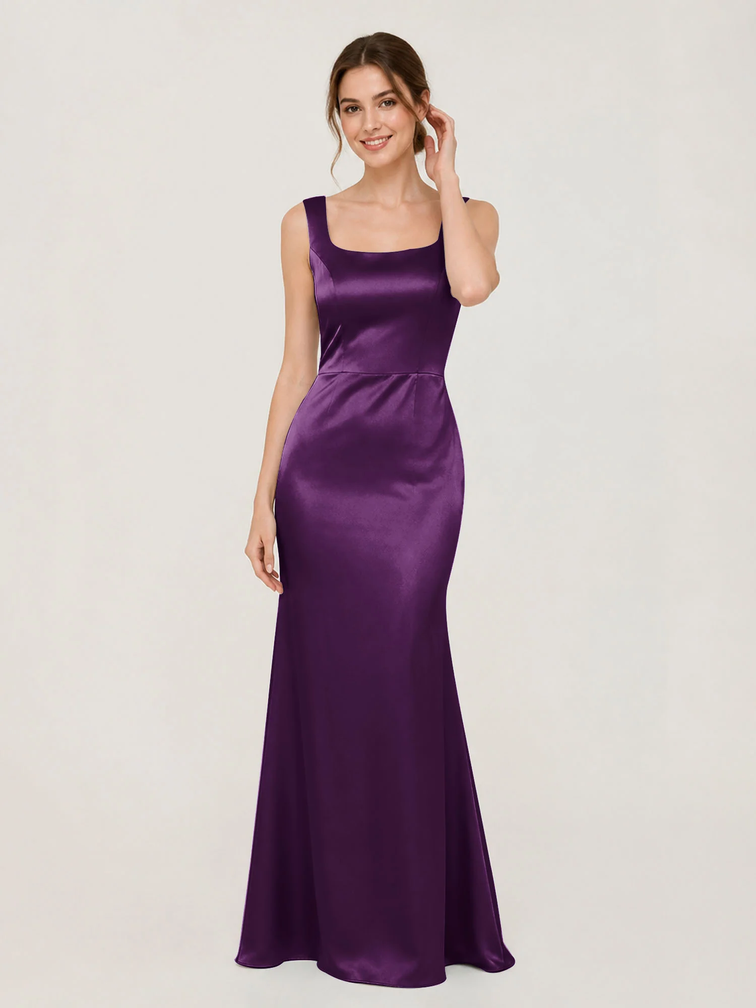 Square Neck Satin Mermaid Gown with Back Bow Detail Grape