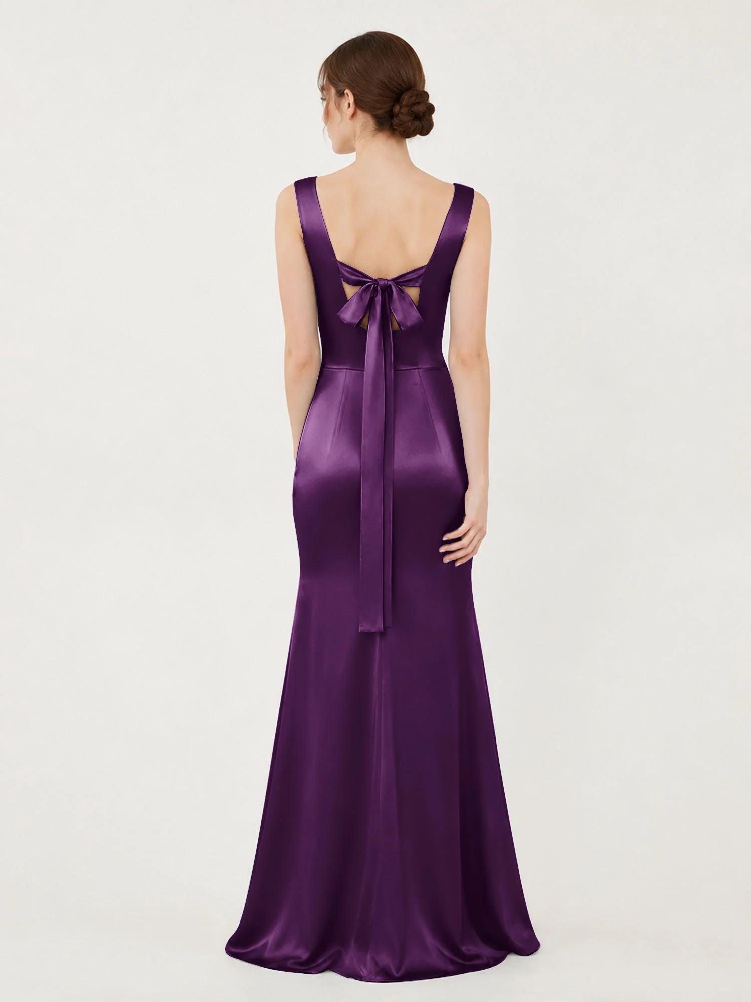 Square Neck Satin Mermaid Gown with Back Bow Detail Grape - Image 2